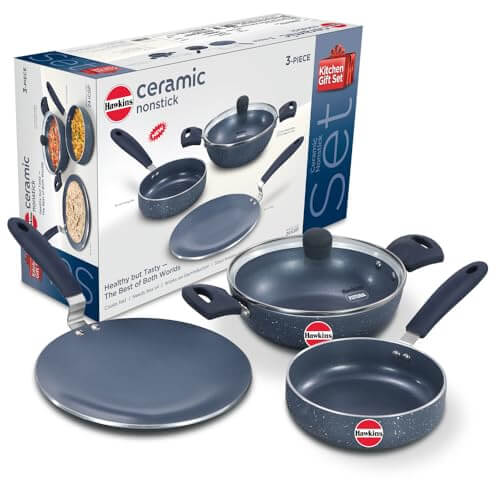 Hawkins Ceramic Nonstick 3-Piece Kitchen Gift Set - Deep Kadhai, Frying Pan, Tava
