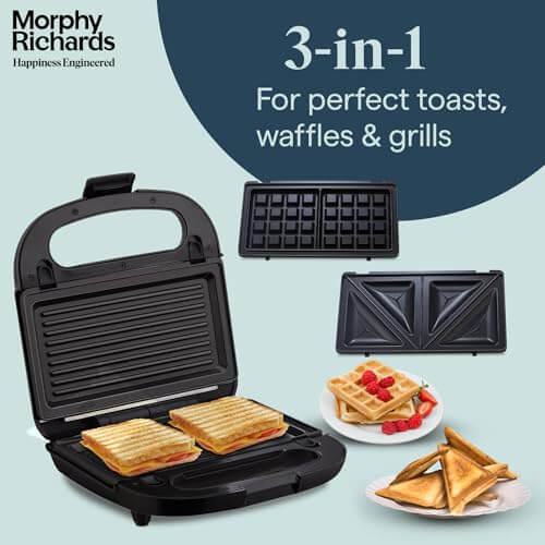 Morphy Richards 750W 3-in-1 sandwich maker with interchangeable plates for toasts, waffles, and grills in rose gold.