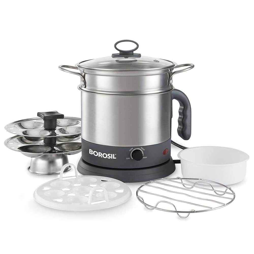 Borosil 1.3L Electric Multi Kettle with egg tray and idli stand