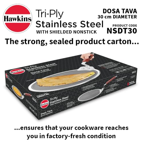 Hawkins NSDT30 professional dosa tava with 4mm tri-ply construction and stay-cool wooden handle