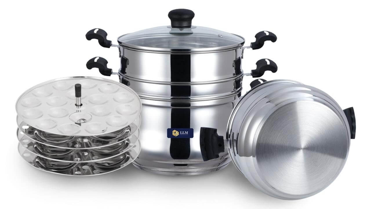 LLM Stainless Steel 5-in-1 Multi-Purpose Steamer with Idly Plates, Steamer Bowl & Strainer Bowl | Induction & Standard Idli Maker (4 Plates)