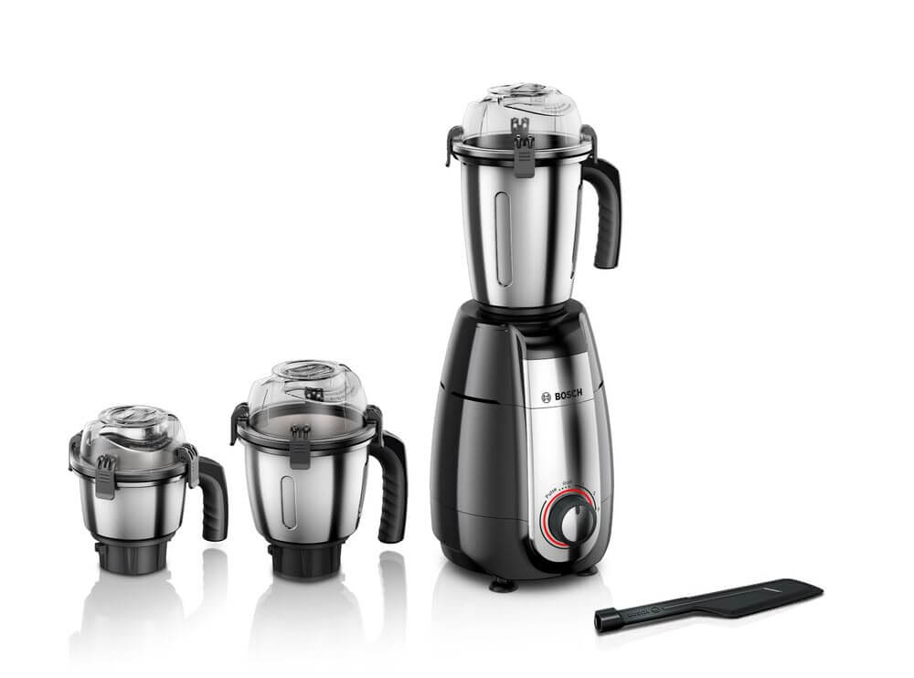 Bosch TrueMixx Pro mixer grinder set with 3 jars, 1000W motor, and sleek metallic black design.