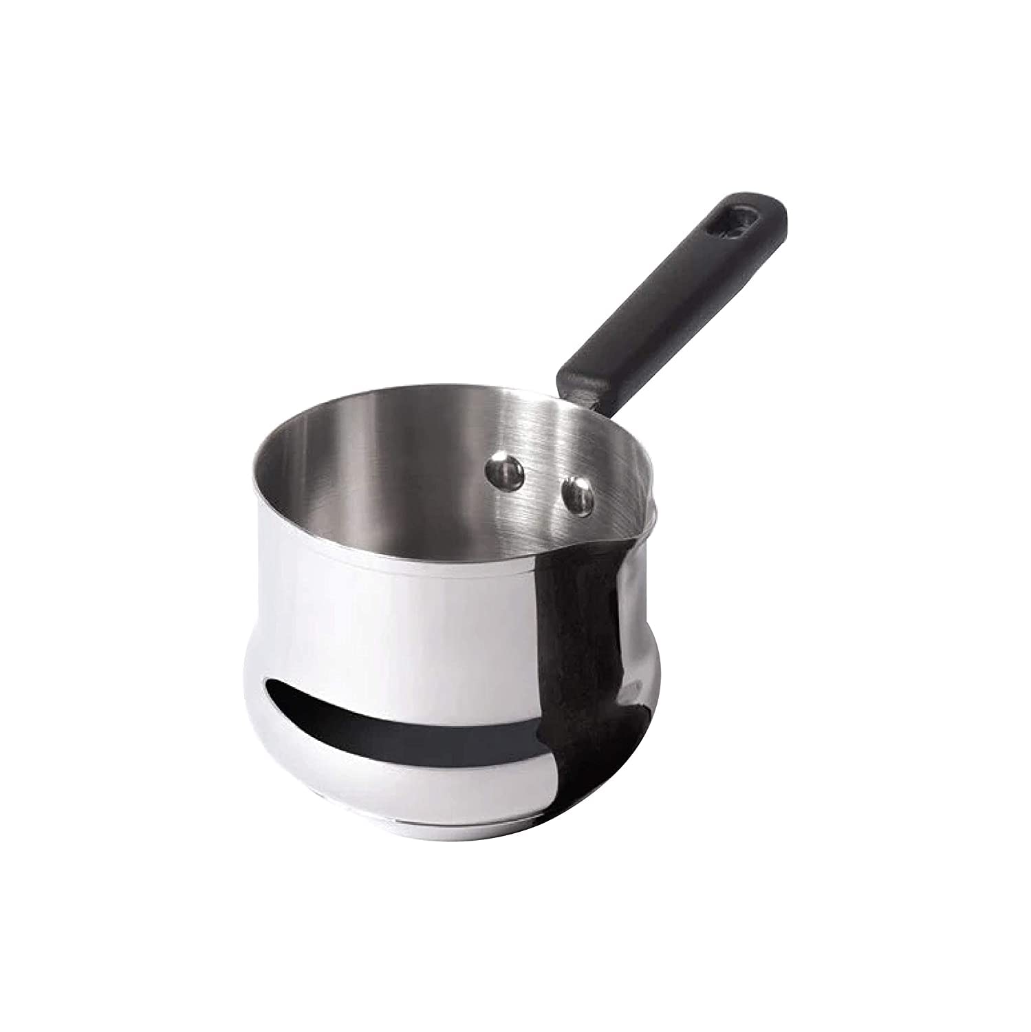 Meyer nickel-free stainless steel mini saucepan with black handle and pouring spout