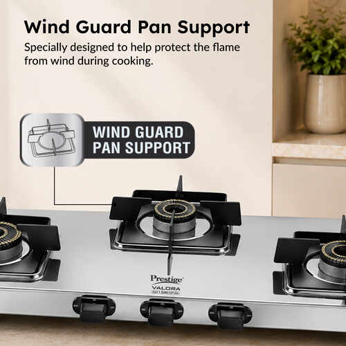 Prestige Valora gas stove signature forged brass burners and heavy duty pan support detail