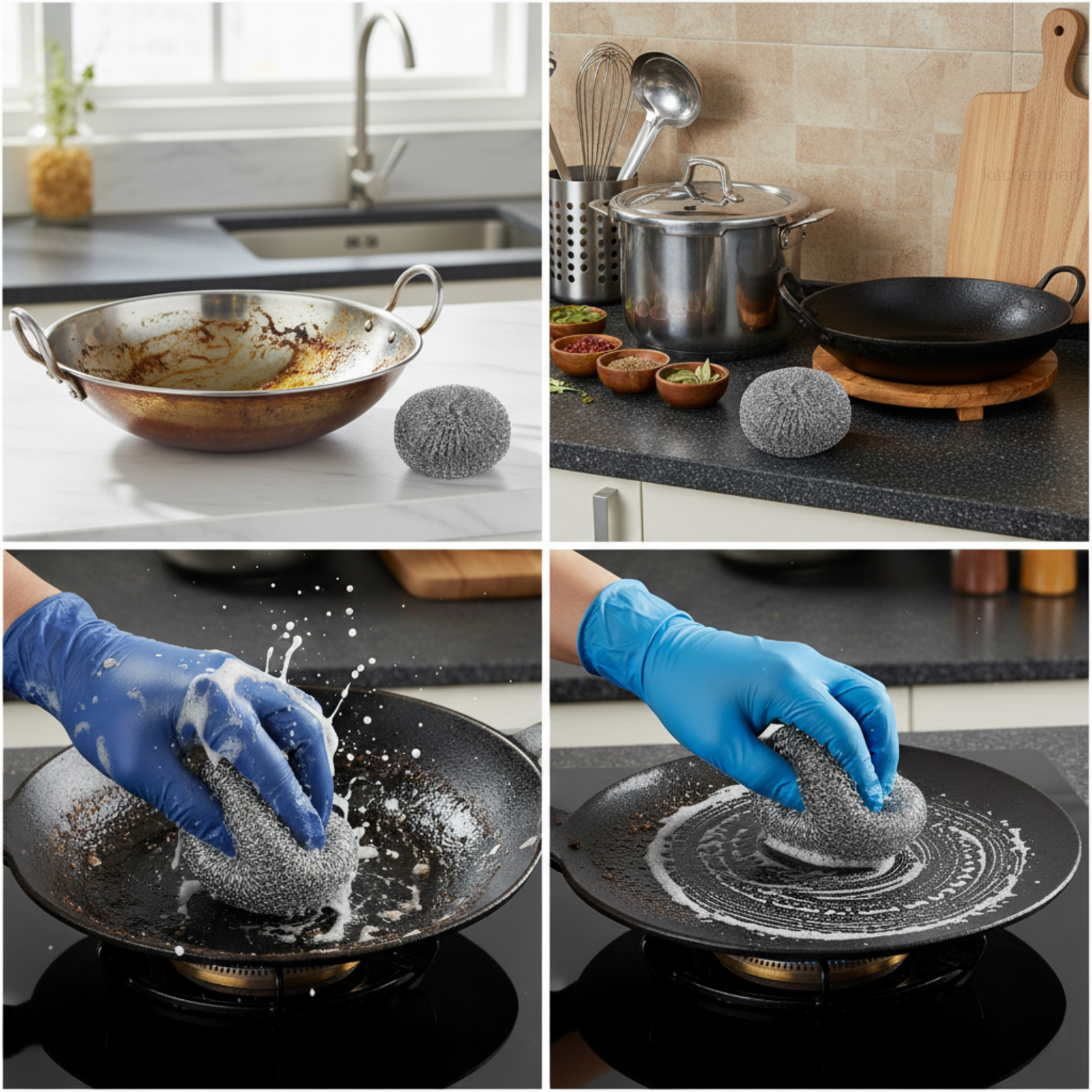 Cleaning process with scrubber on a stove, sink, and countertop.