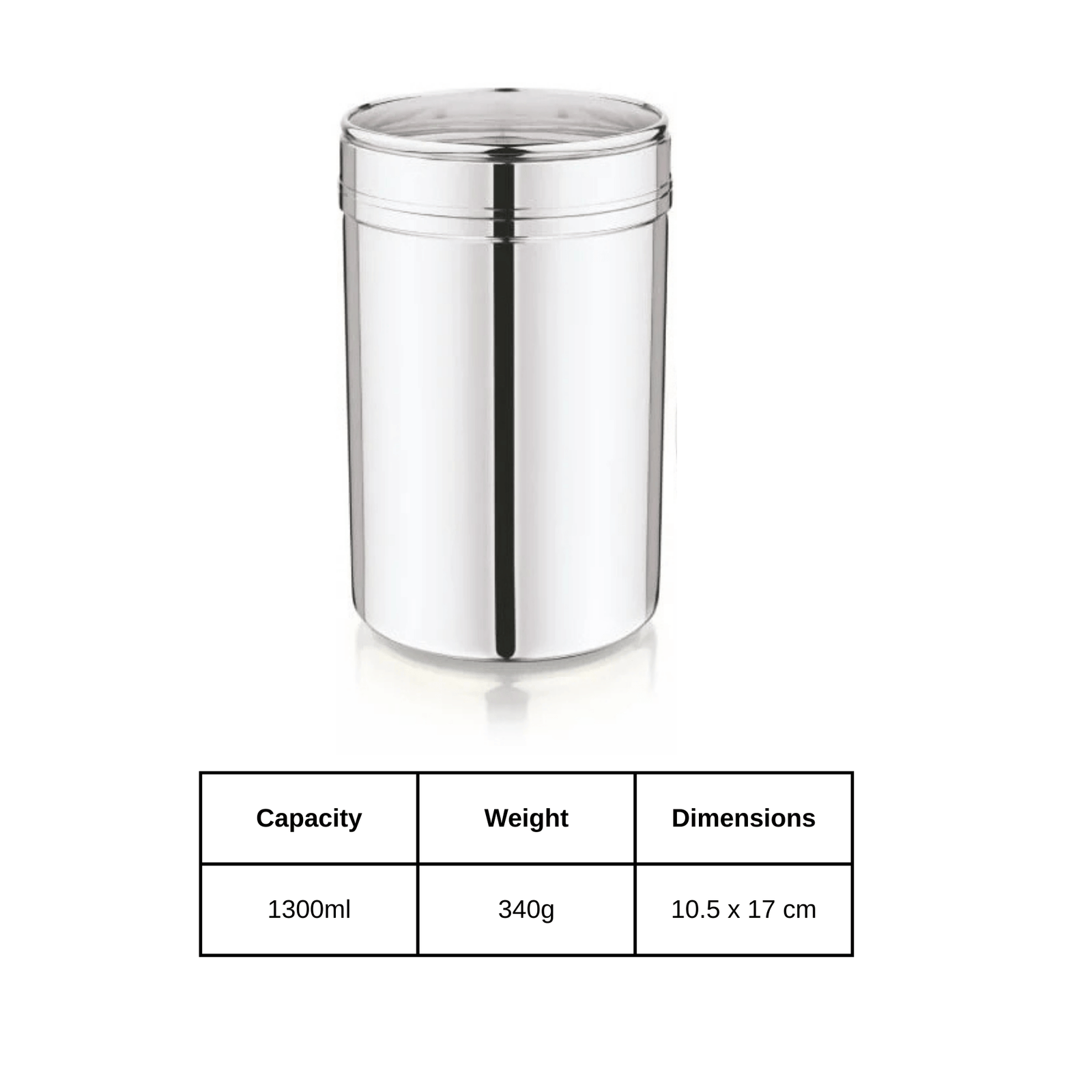 Mukti stainless steel kitchen storage jar with transparent lid, 1300ml capacity, 340g weight, modern kitchen organizer.