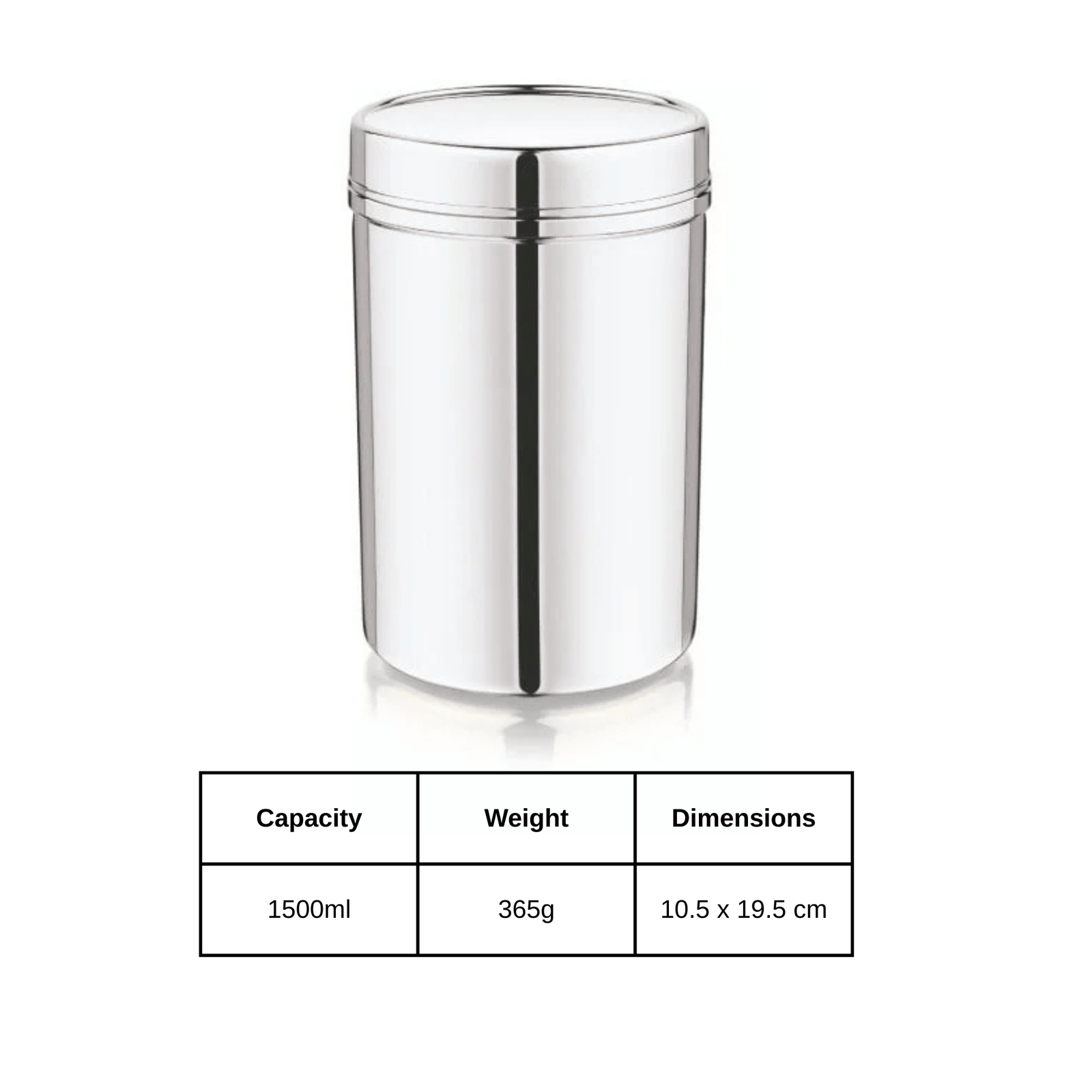Mukti 1500ml stainless steel storage jar with mirror polish finish, dimensions 10.5 x 19.5 cm, durable and food-safe.