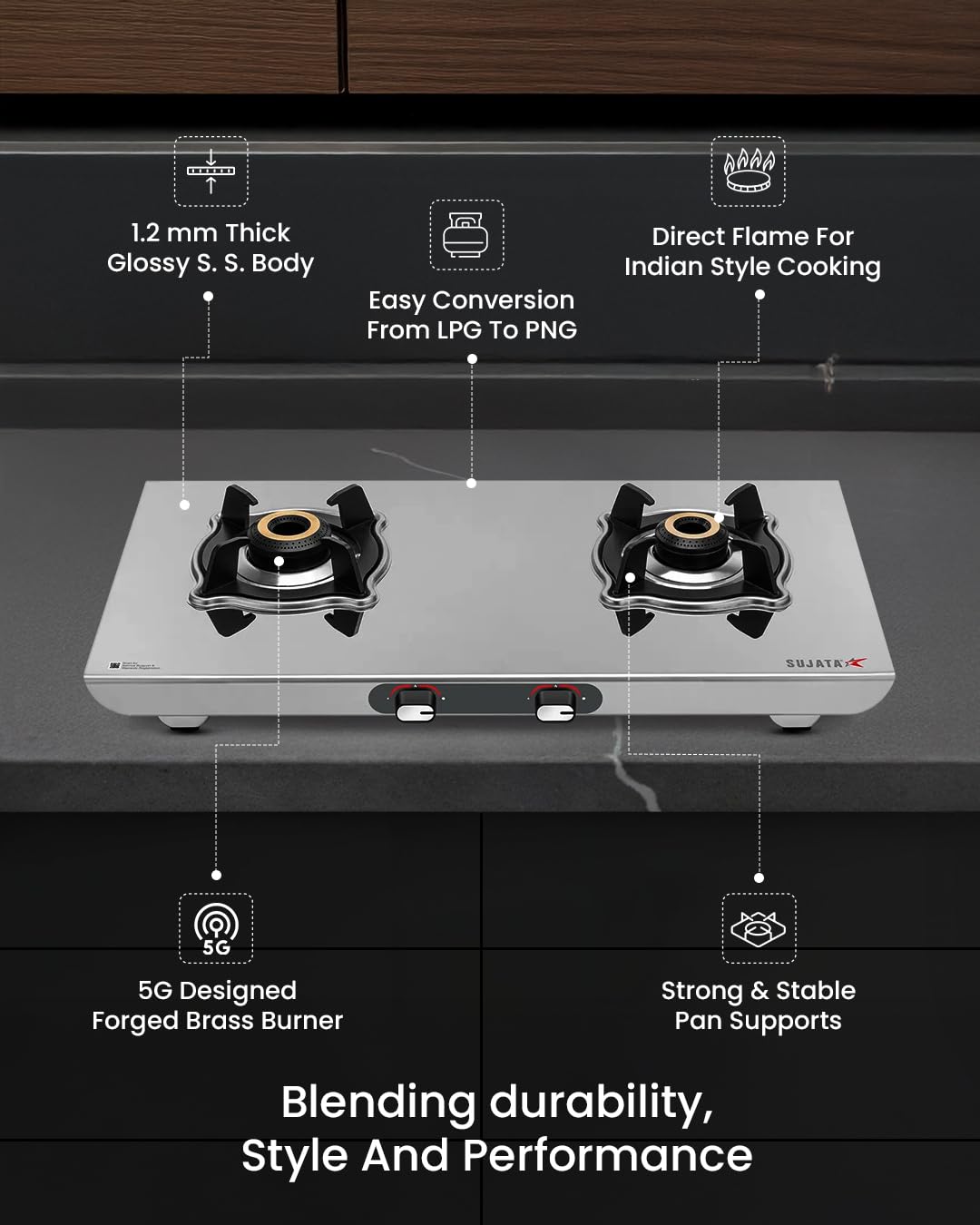 Premium stainless steel 2 burner gas stove Sujata Majestic 9 years warranty