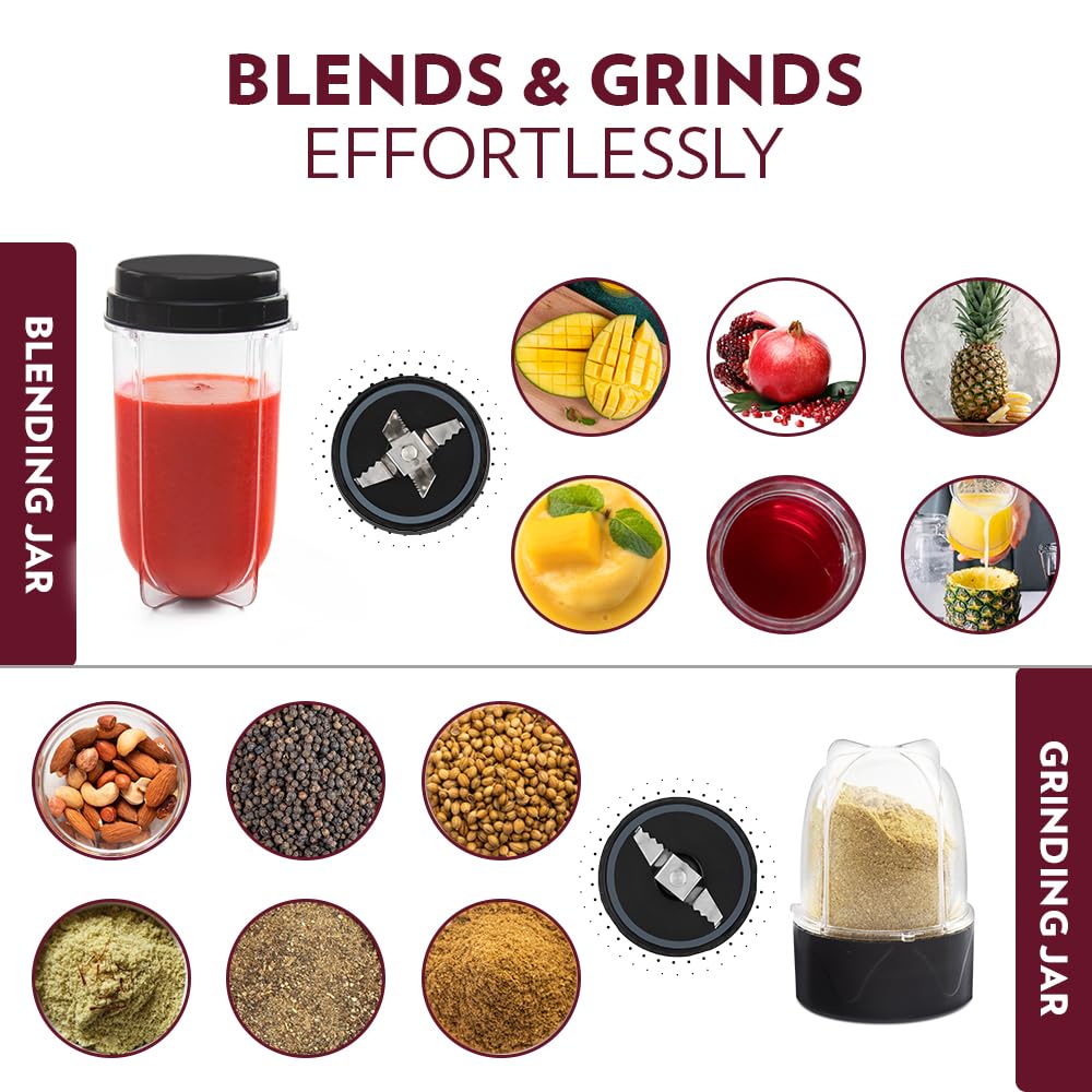 Borosil NutriFresh 2-in-1 Mini-Blender & Grinder - 400W, Black with 500ml Smoothie Jar & 300ml Chutney Jar