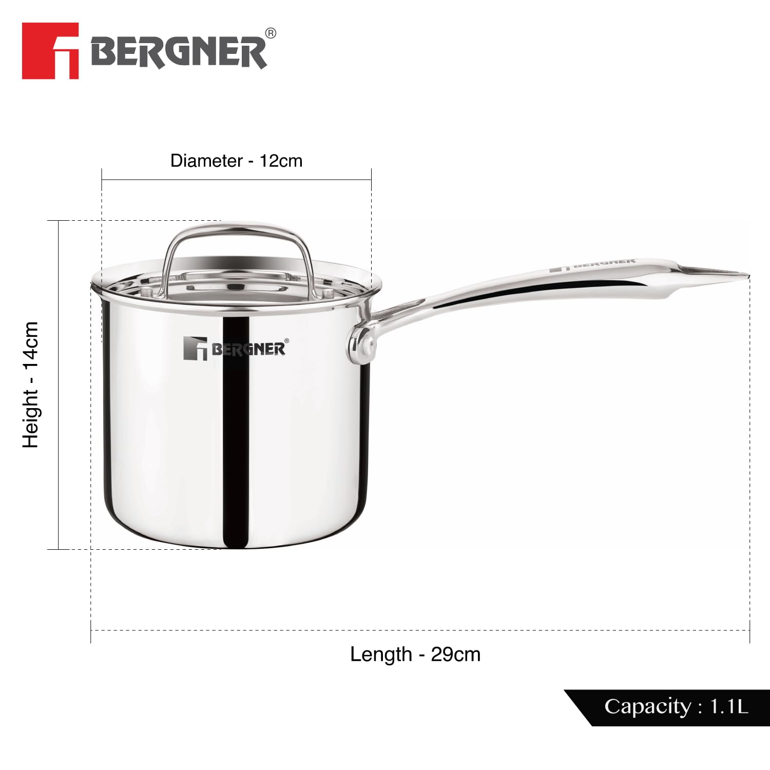Bergner Argent Triply Mudde Pan with Lid – Multipurpose Deep Pot for Ragi Mudde, 12cm & 16cm