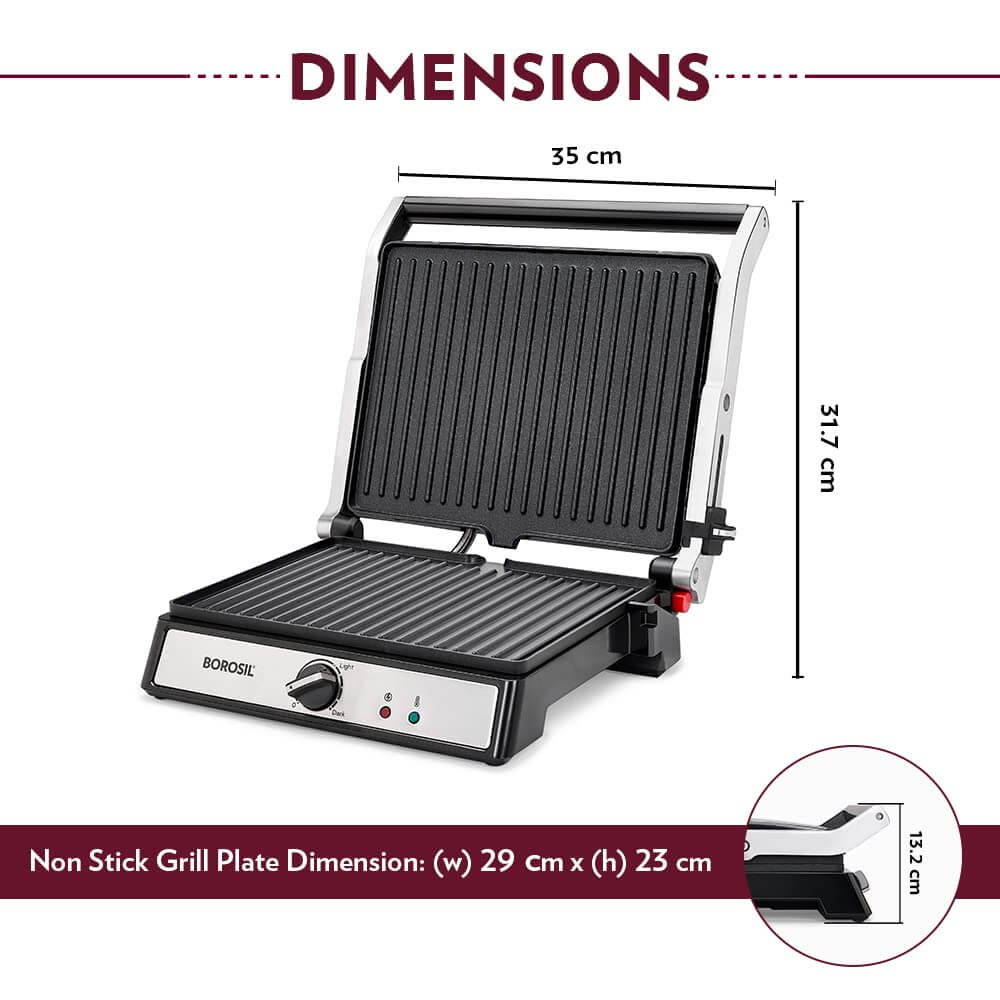 Borosil Super Jumbo Sandwich Grill Maker dimensions showing non-stick grill plates and design specifications.