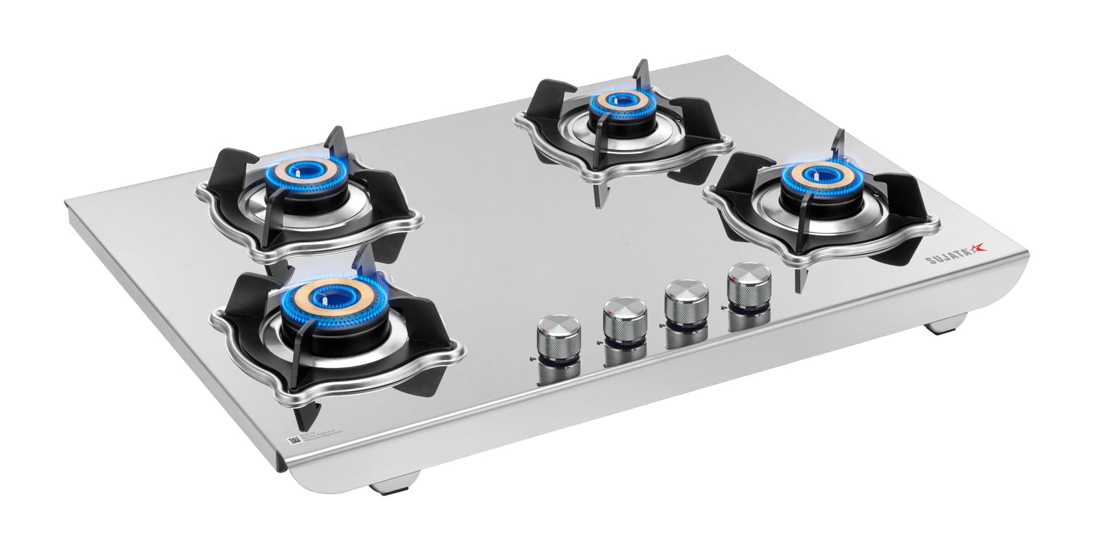 Sujata Robusto stainless steel gas stove 4 burner ISI certified with alloy knobs and pan supports
