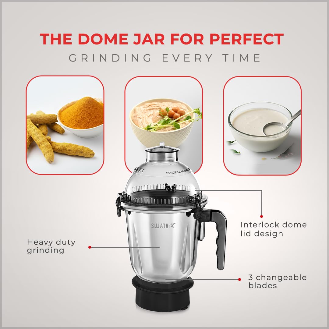 Sujata Dynamix 1.5 litre dome blending jar with interlock lid and 3 changeable blades for heavy duty grinding