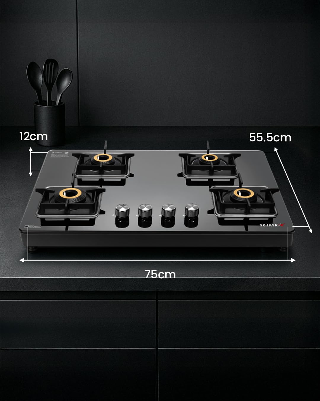sujata premium glass top Gas stove dimensions 4 burners