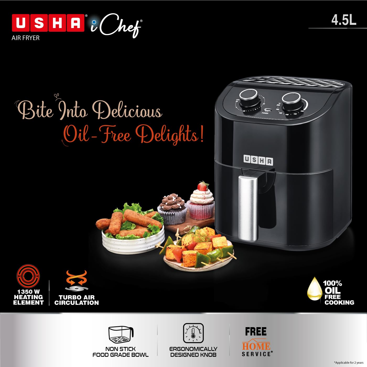 Usha iChef Air Fryer 4.5L, 10-in-1 Functions, Turbo Air Circulation, Oil Free Cooking (Black)
