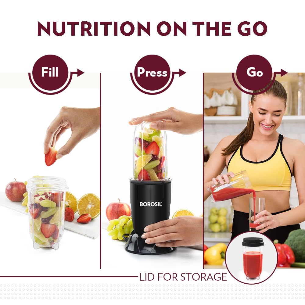 Borosil NutriFresh 2-in-1 Mini-Blender & Grinder - 400W, Black with 500ml Smoothie Jar & 300ml Chutney Jar