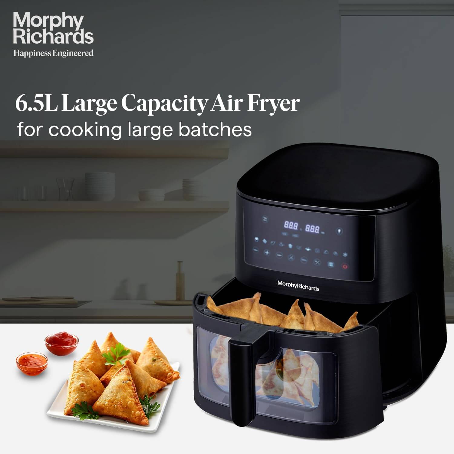 Morphy Richards 6.5L air fryer with see-through window, ideal for cooking large batches of food.