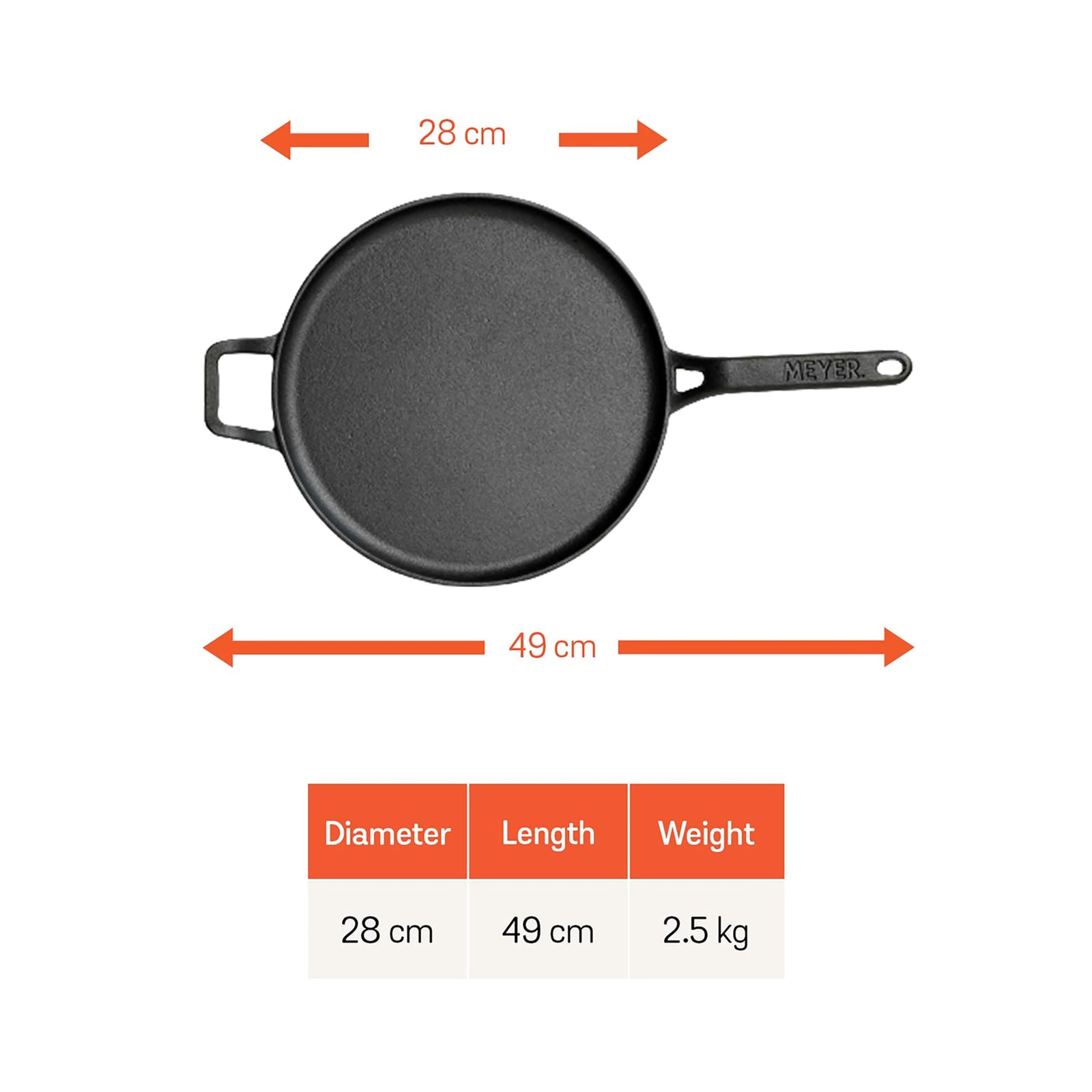 Meyer Pre-Seasoned Cast Iron Tawa β 28cm for Dosa & Roti with dimensions