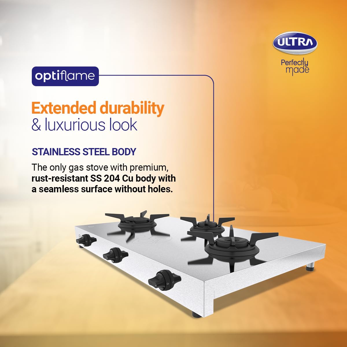 Ultra Optiflame SS Gas Stove with 3 Forged Brass Burners, 10-Year Warranty