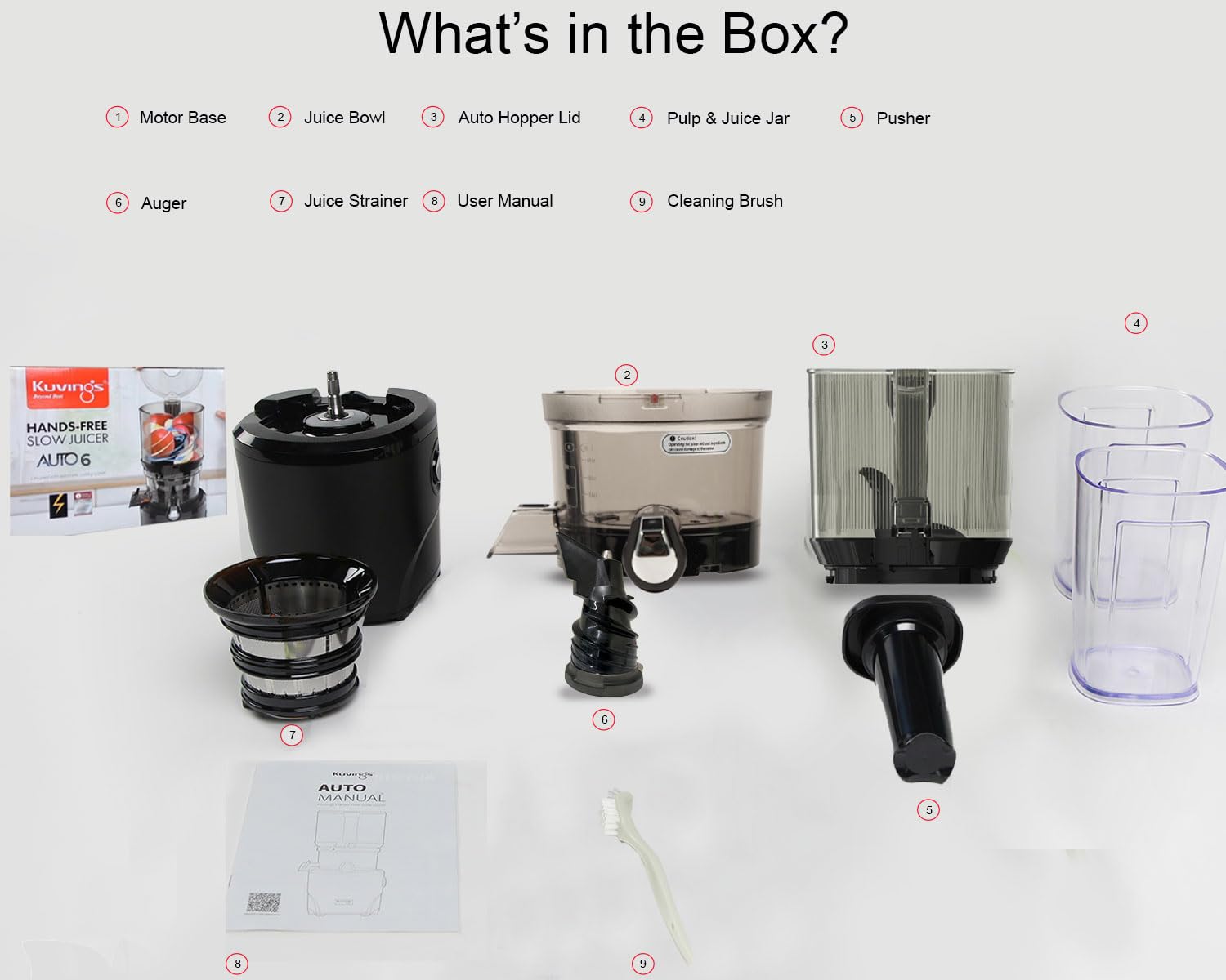 Professional Kuvings AUTO6 Cold Press Juicer with stainless steel strainer and cleaning tools