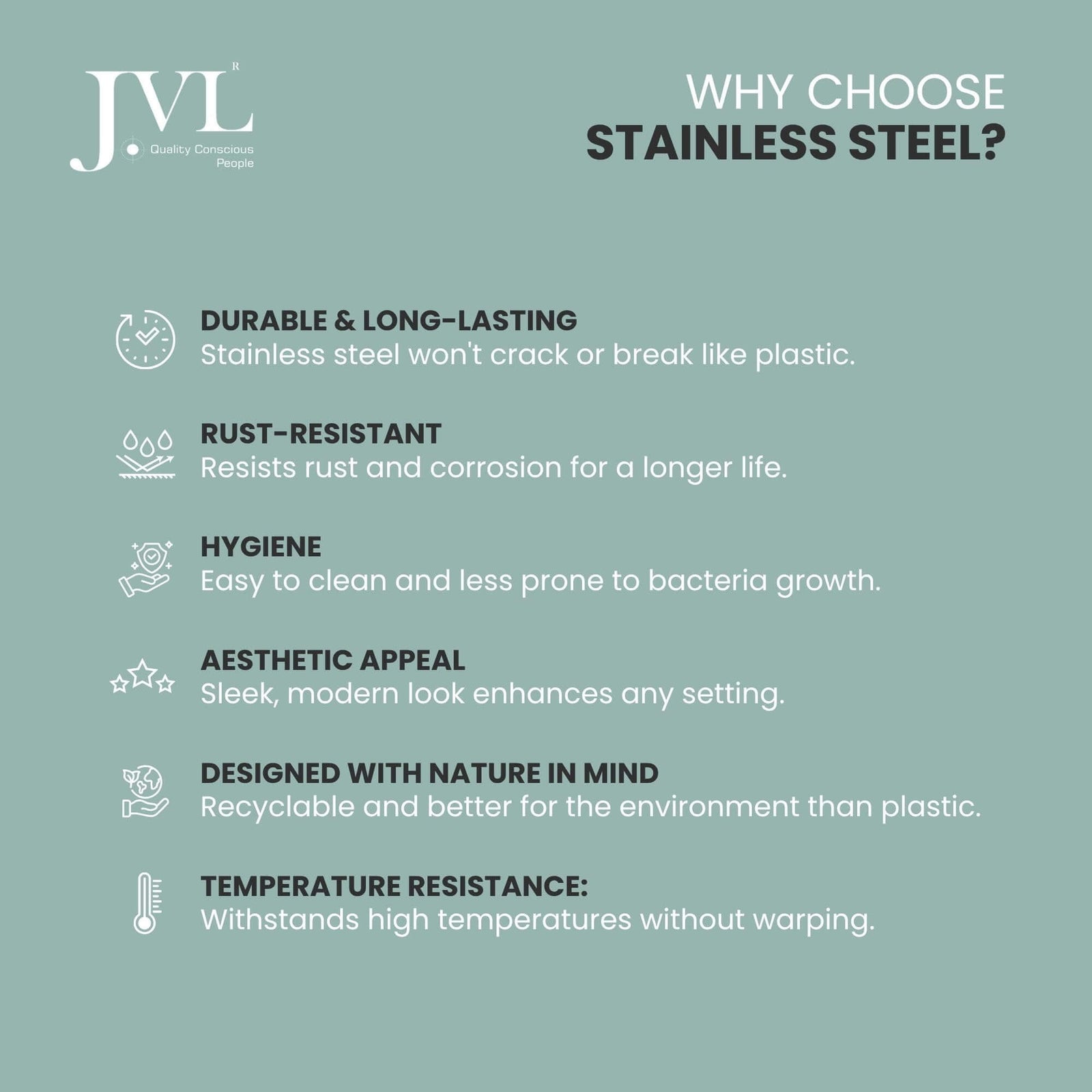 JVL stainless steel benefits on a teal background