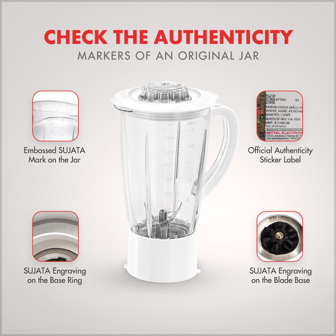 Sujata Original Plastic Juicer Jar 1750ml - Compatible with 900W Models Only