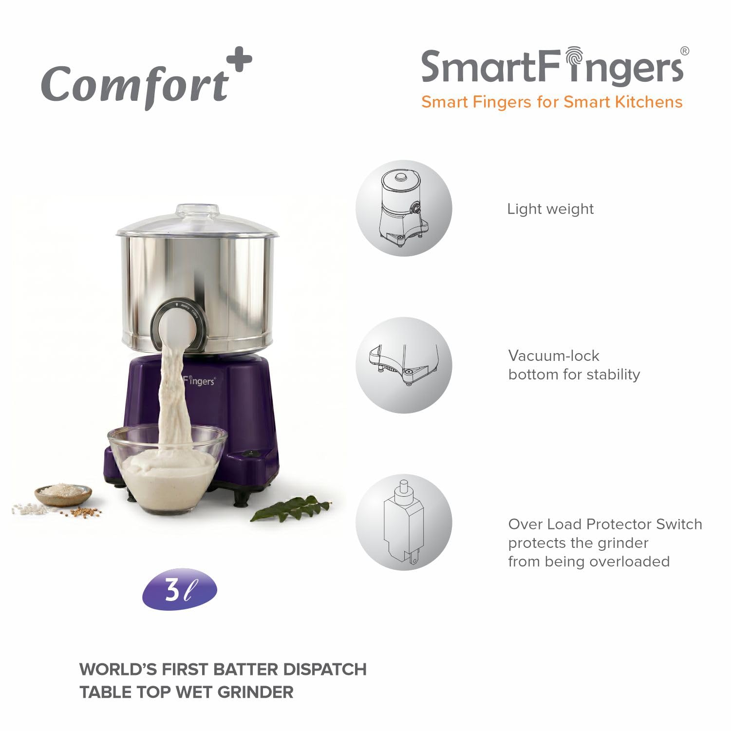 SmartFingers Comfort Plus 3 litre wet grinder for joint family idli dosa