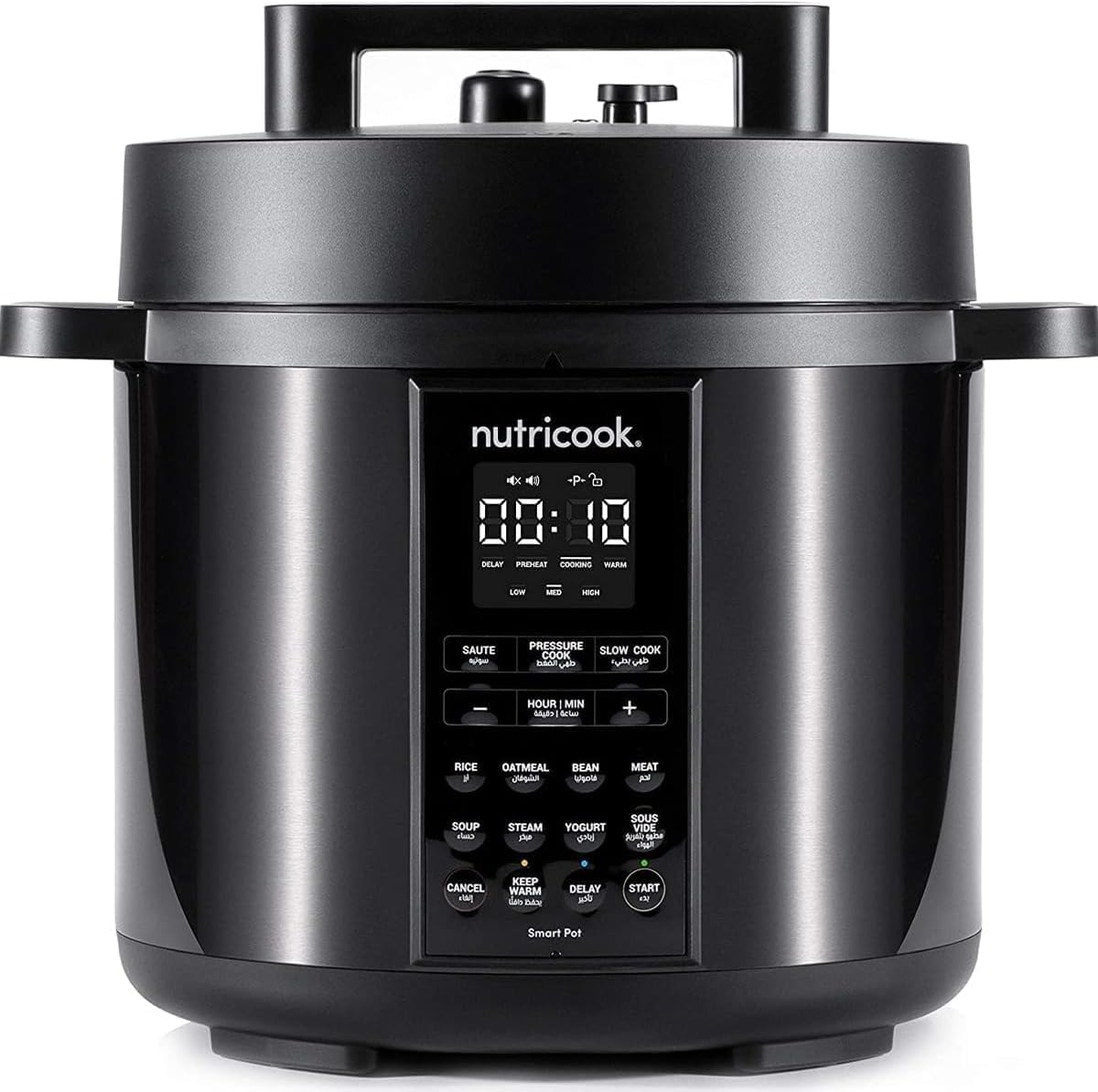 Nutricook Smart Pot 2 8QT electric pressure cooker in gloss black finish with LED display panel