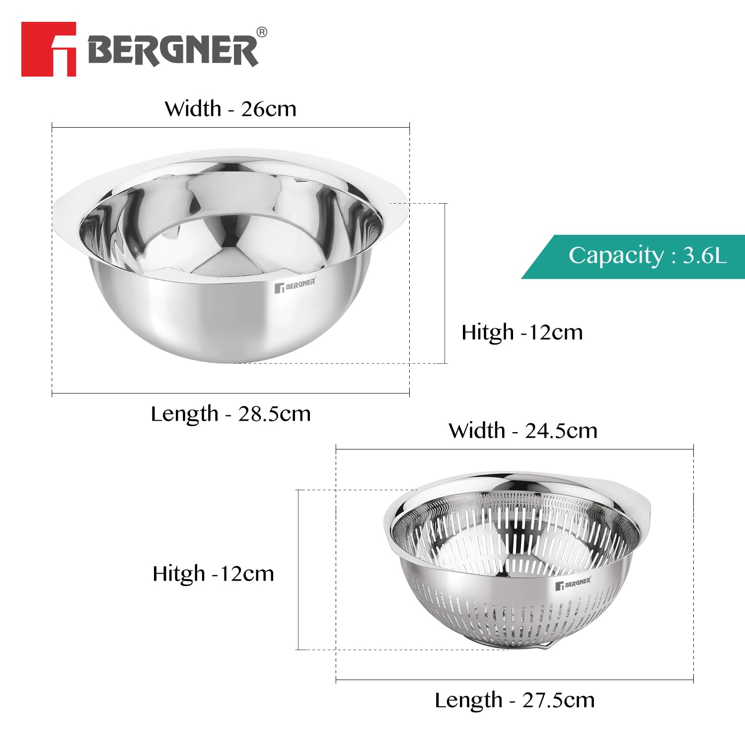 BERGNER 26cm 2-in-1 Stainless Steel Colander Bowl 3.6L