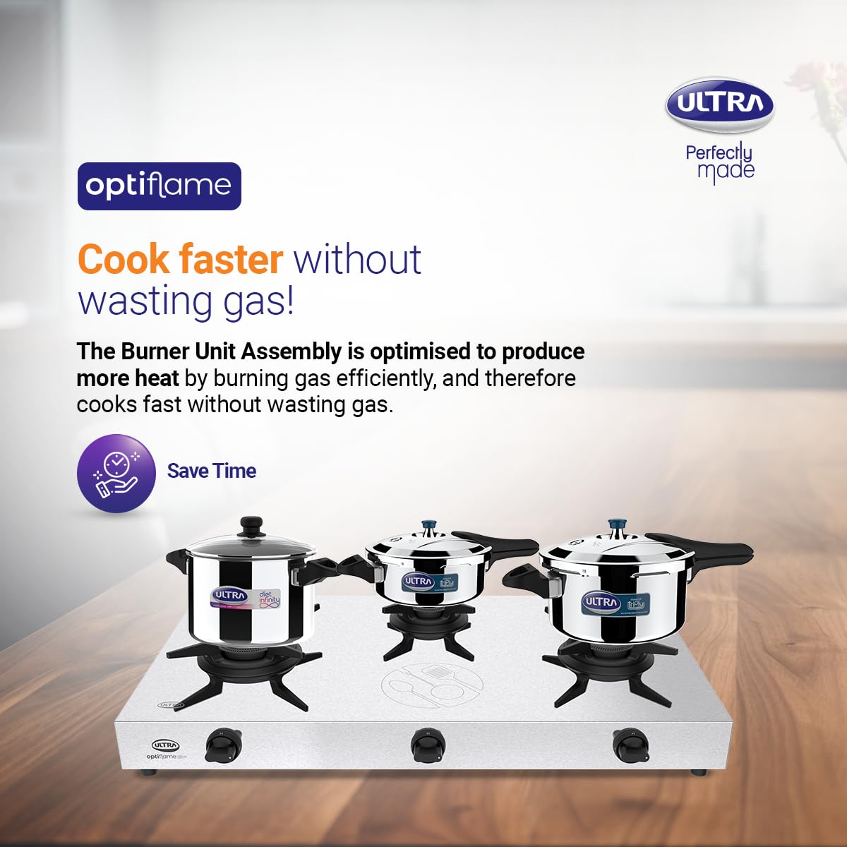 Ultra Optiflame SS Gas Stove with 3 Forged Brass Burners, 10-Year Warranty