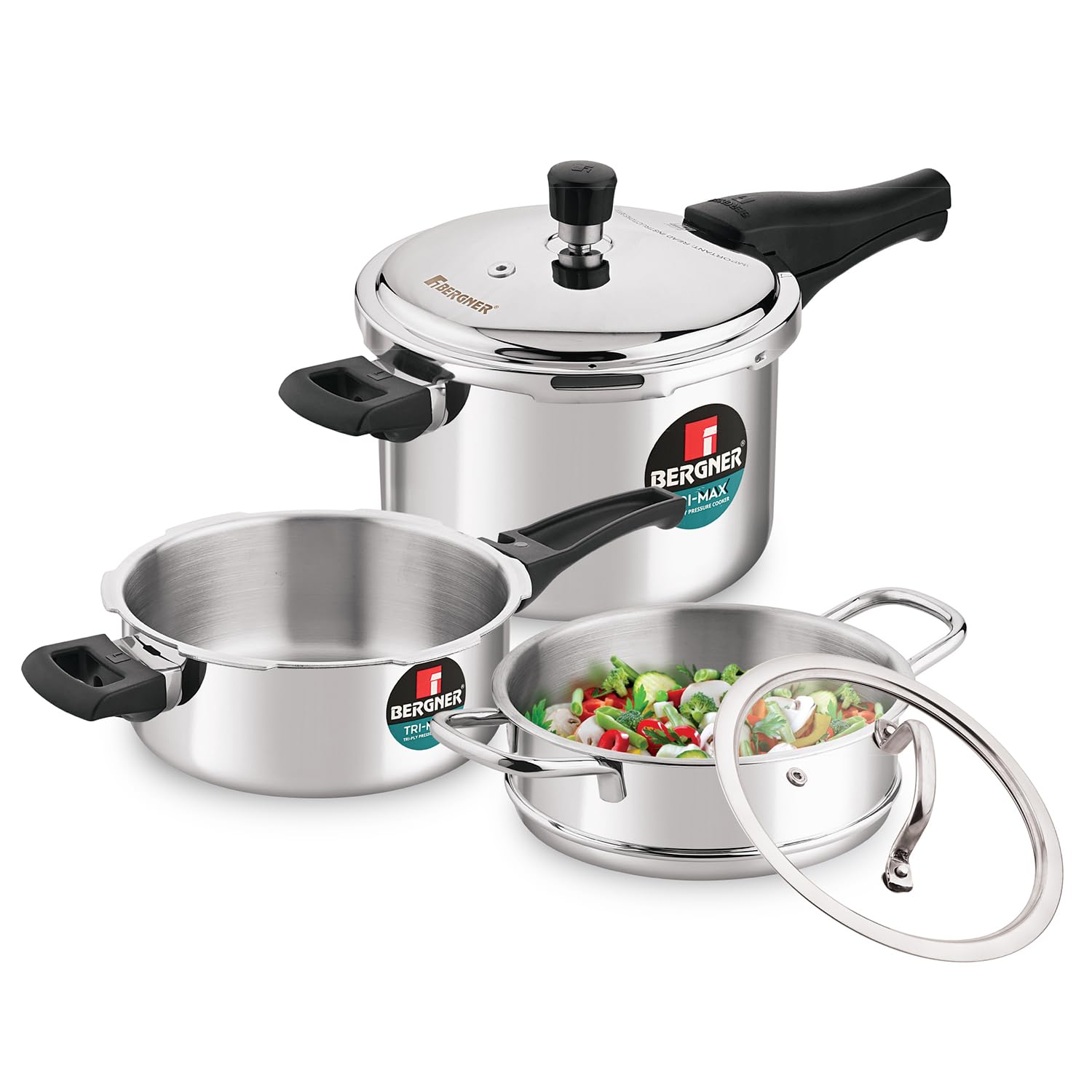 Bergner Tri-Max TriPly pressure cooker combo with 5L and 3L cookers plus steamer on white background