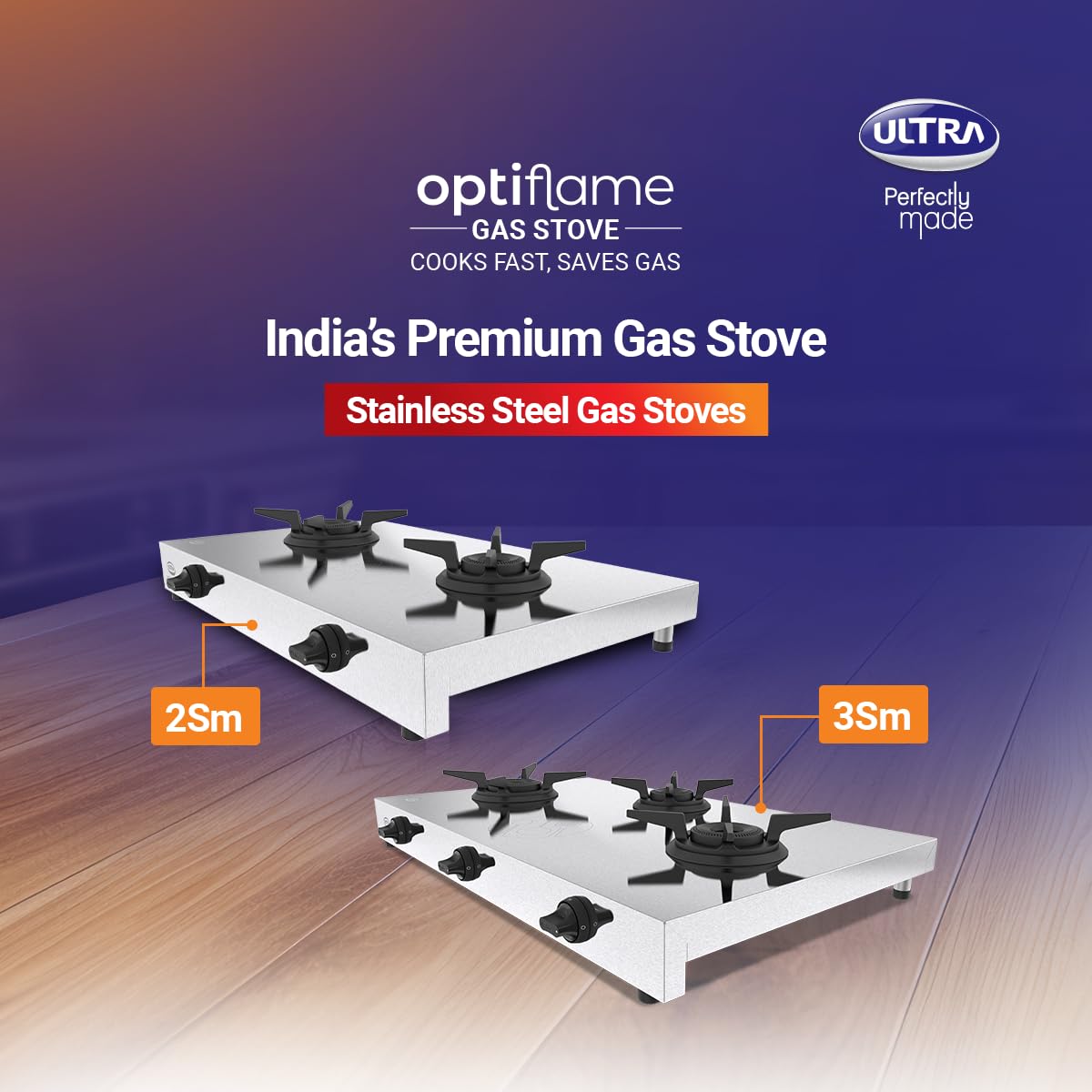 Ultra Optiflame SS Gas Stove with 3 Forged Brass Burners, 10-Year Warranty