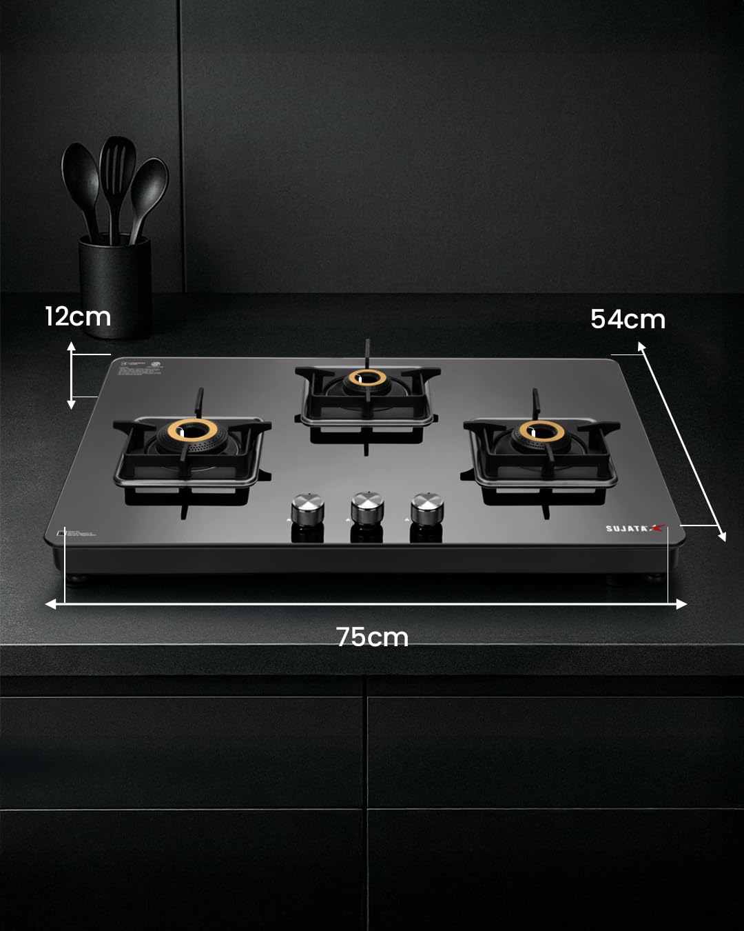 Sujata Premium 3 Burner Gas Stove with Glass Top - 9 Years Warranty - SABAF & ISI Certified