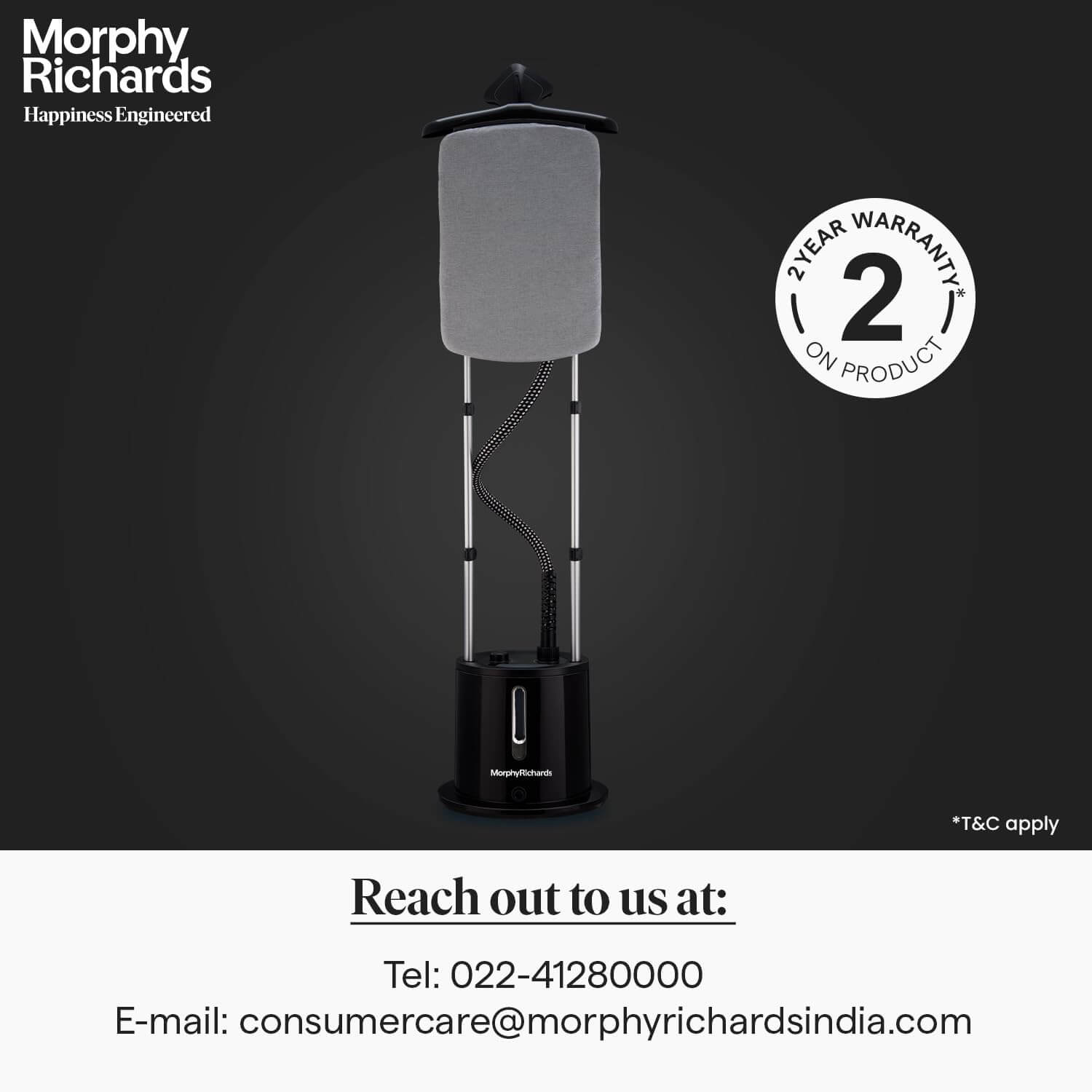 Black upright fabric steamer 1650mm height with 1.7L detachable water tank and steam hose