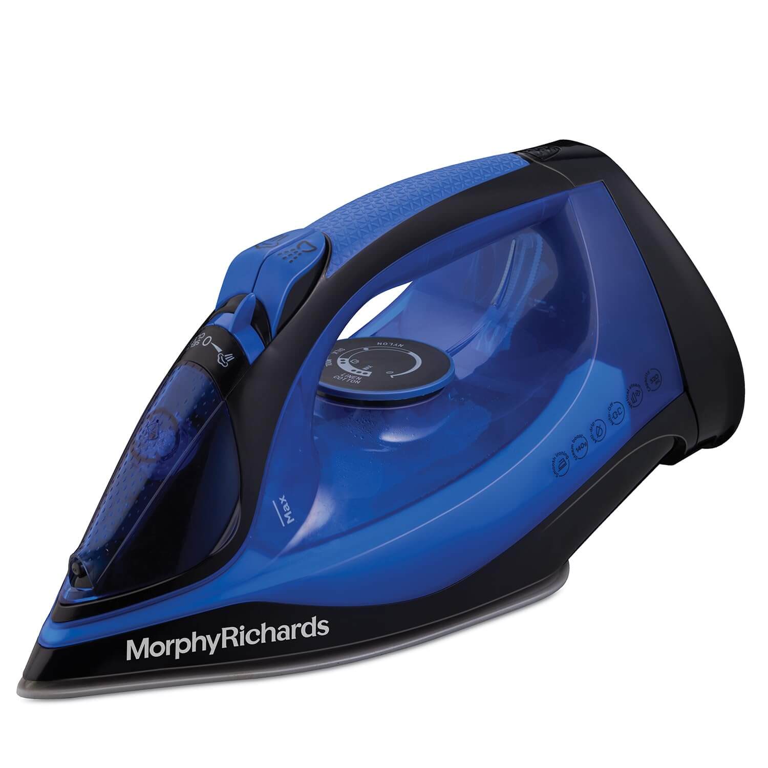 Morphy Richards blue cordless steam iron with ceramic soleplate on charging base