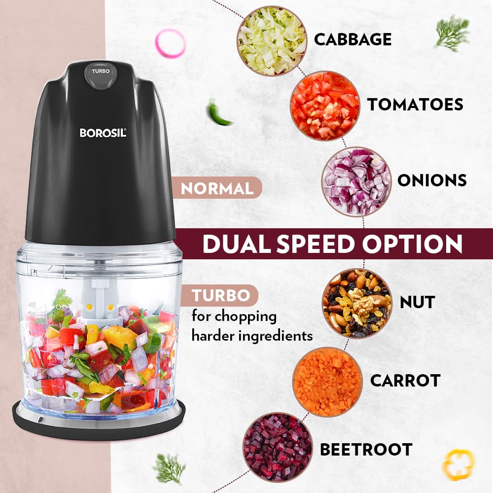 Borosil food chopper with dual speed options and chopped vegetables on a white background