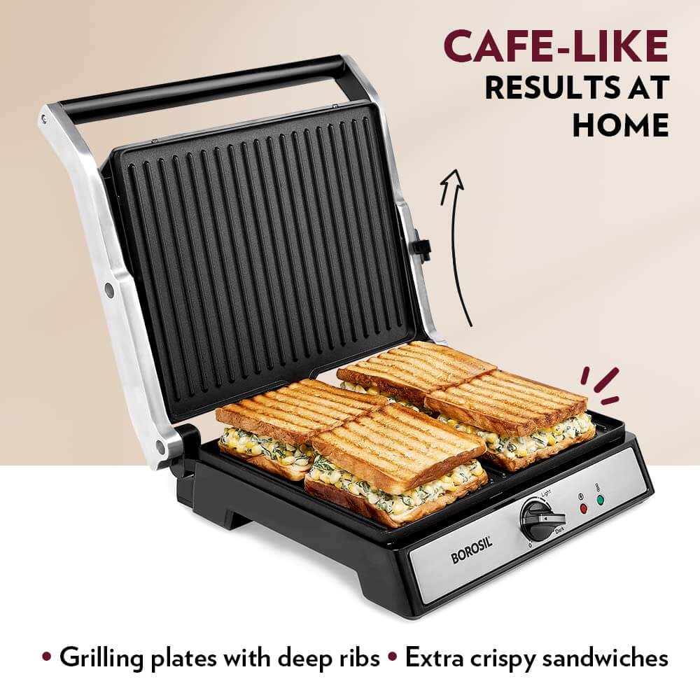 Borosil Super Jumbo 4-Sandwich Grill Maker with deep rib grilling plates for extra crispy sandwiches.