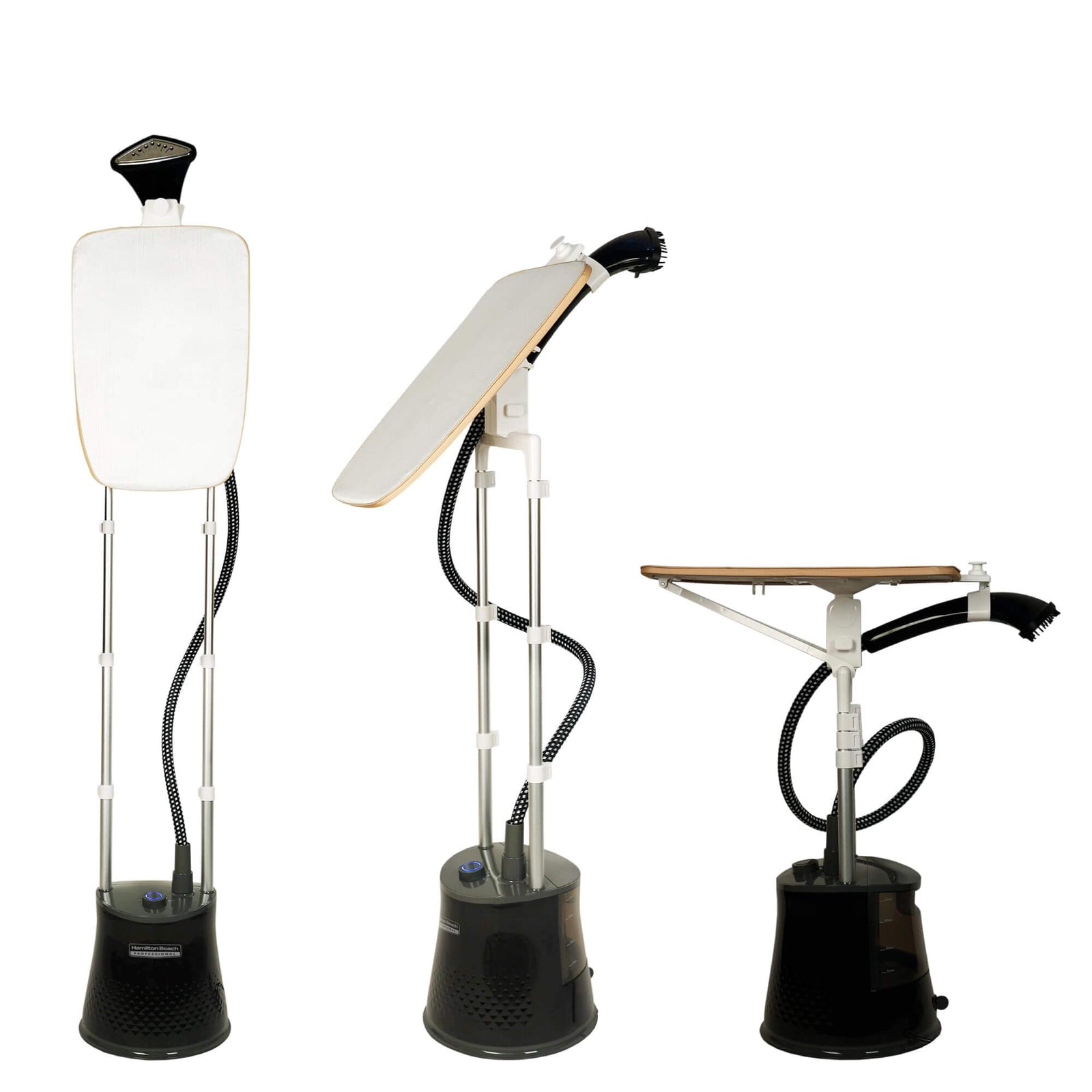 Hamilton Beach professional garment steamer with adjustable stand and ironing board in black