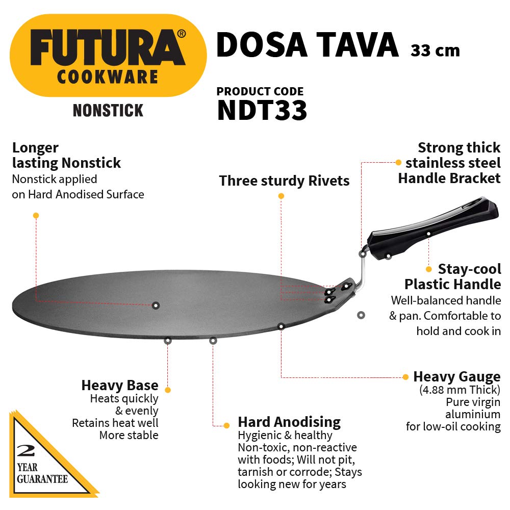 Hawkins Futura Nonstick Dosa Tava, Diameter 33 cm, Thickness 4.88 mm (Black) NDT33