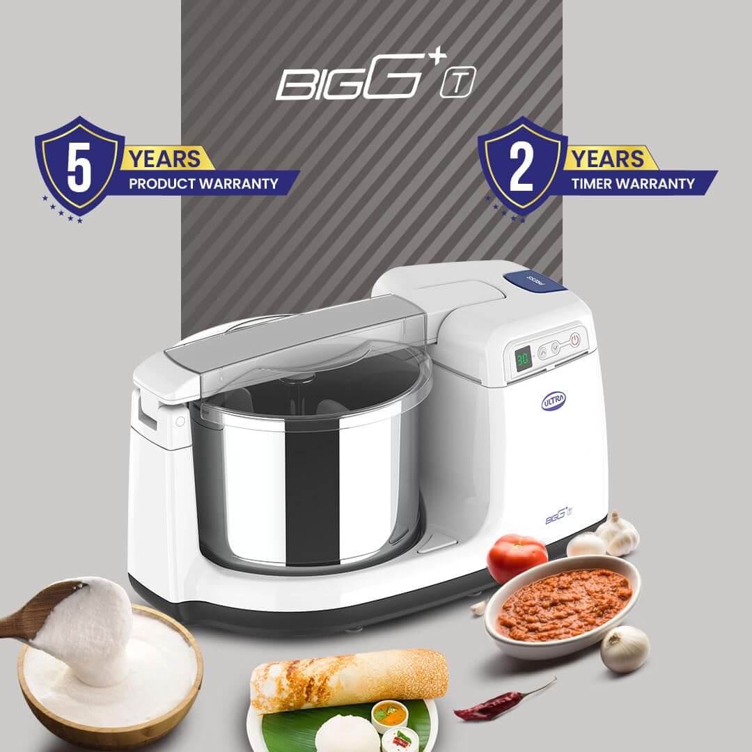 Ultra BIGG+ Timer 2.5L Wet Grinder with digital timer, showcasing warranty details and food items like dosa and chutney.