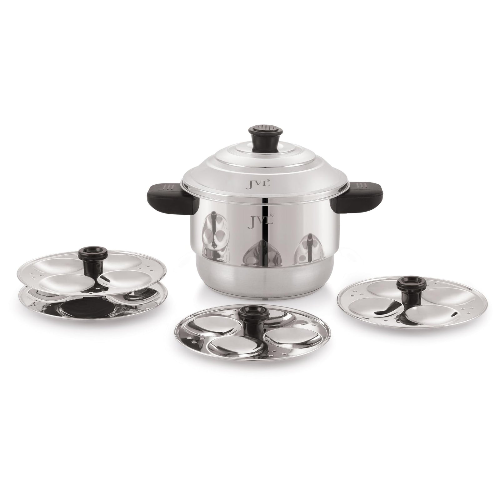 JVL Sambar Idly Maker with Triply Base and 4 Mini Idly Plates Stainless Steel