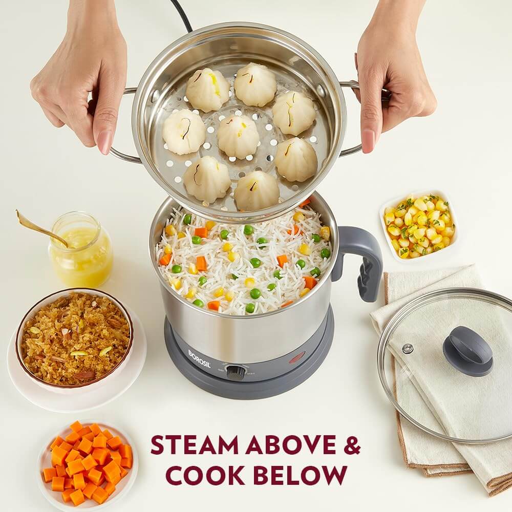 Borosil 1.3L Electric Multi Kettle with egg tray and idli stand lifestyle