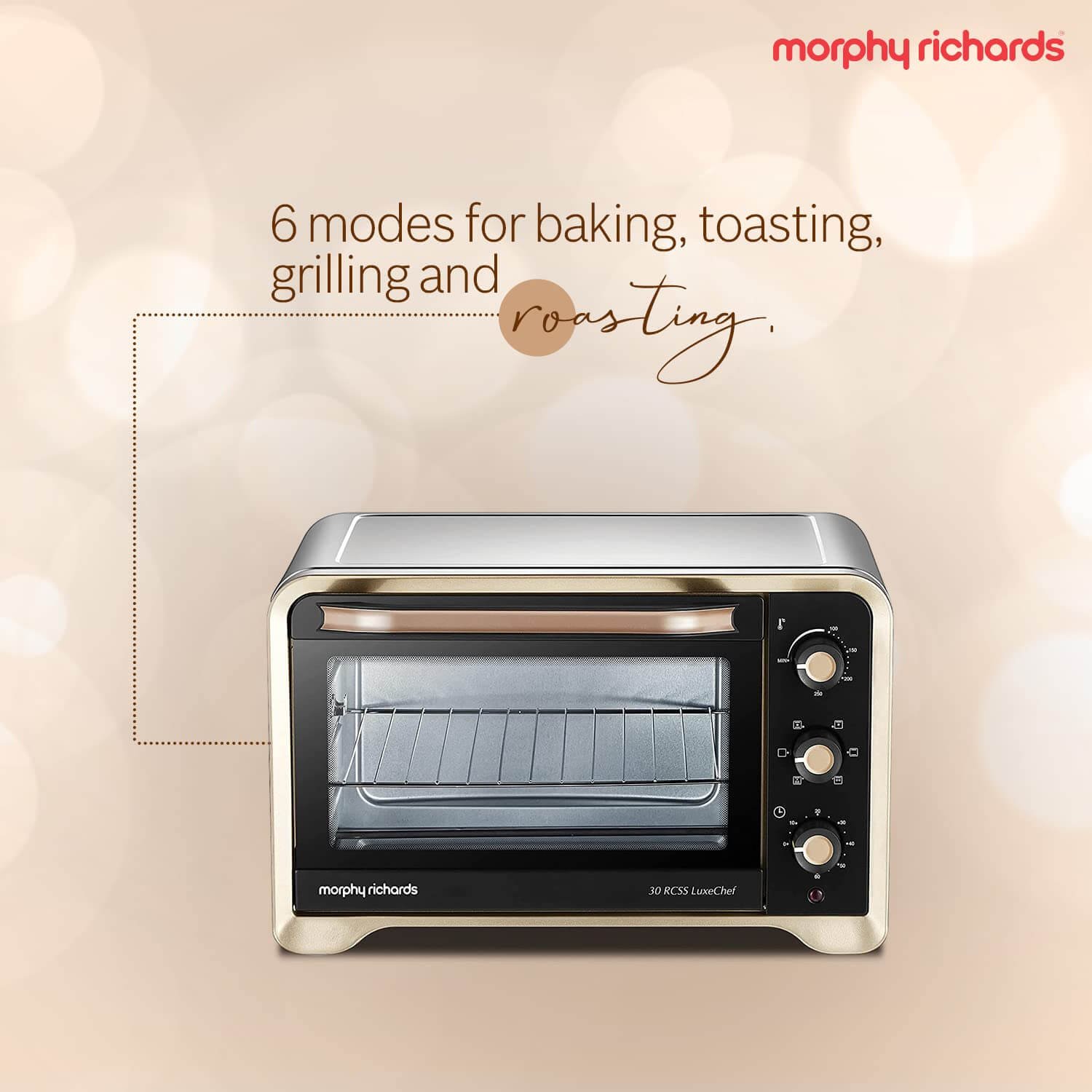 Professional gold and black OTG convection oven with illuminated interior and 6 cooking modes