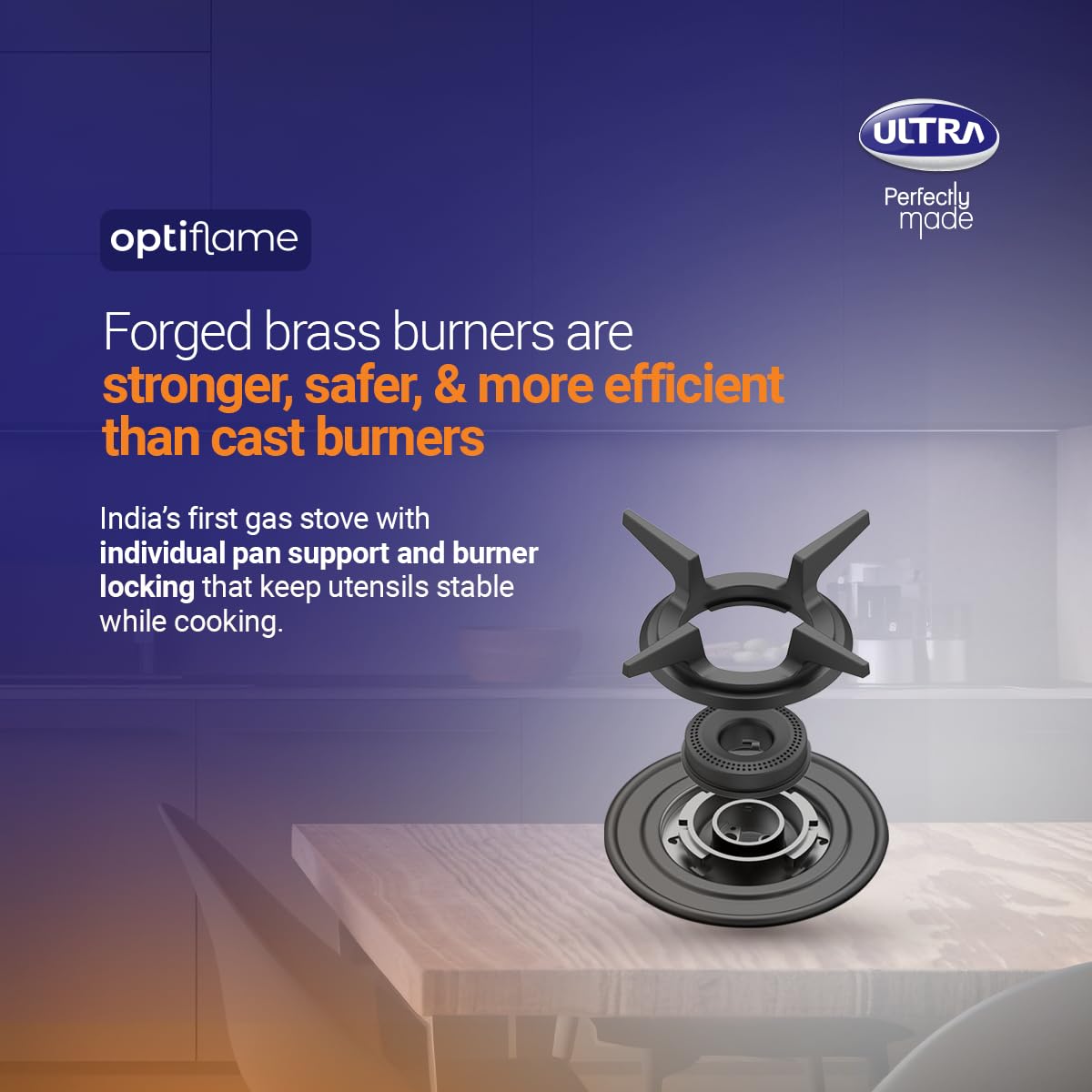 Ultra Optiflame SS Gas Stove with 3 Forged Brass Burners, 10-Year Warranty