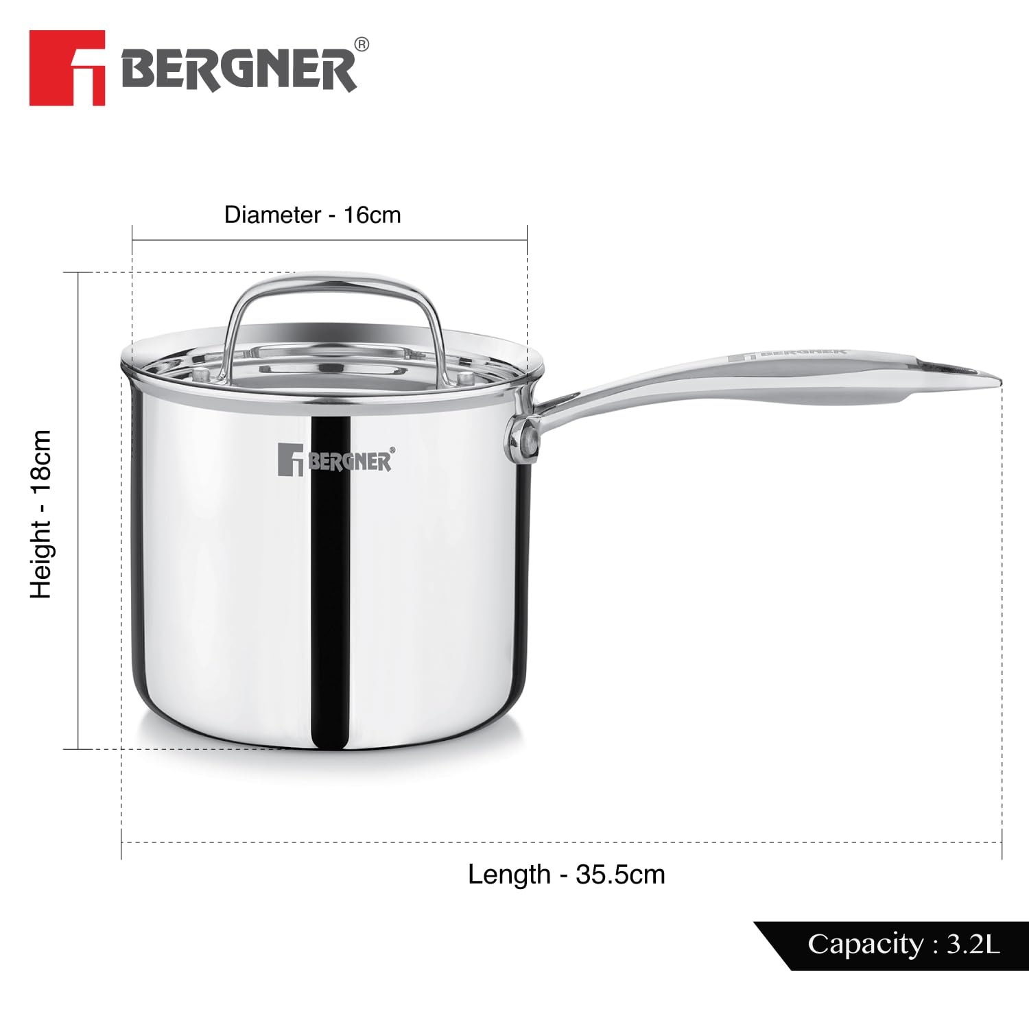 Bergner Argent Mudde Pan 16cm dimensions – 16cm diameter, 18cm height, 35.5cm length, 3.2L capacity