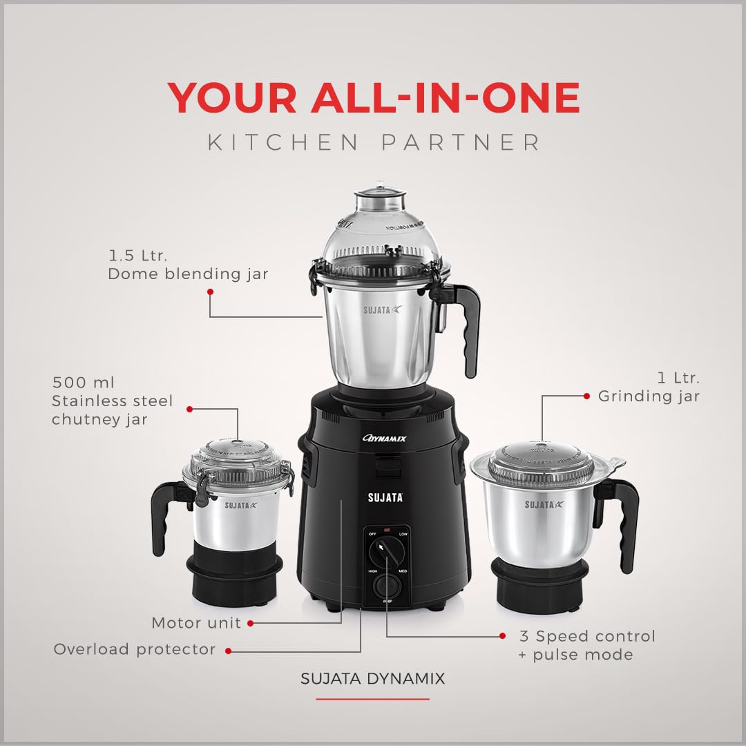 Sujata Dynamix 900W mixer grinder parts: 1.5L dome jar, 1L grinding jar, 500ml chutney jar, 3-speed control
