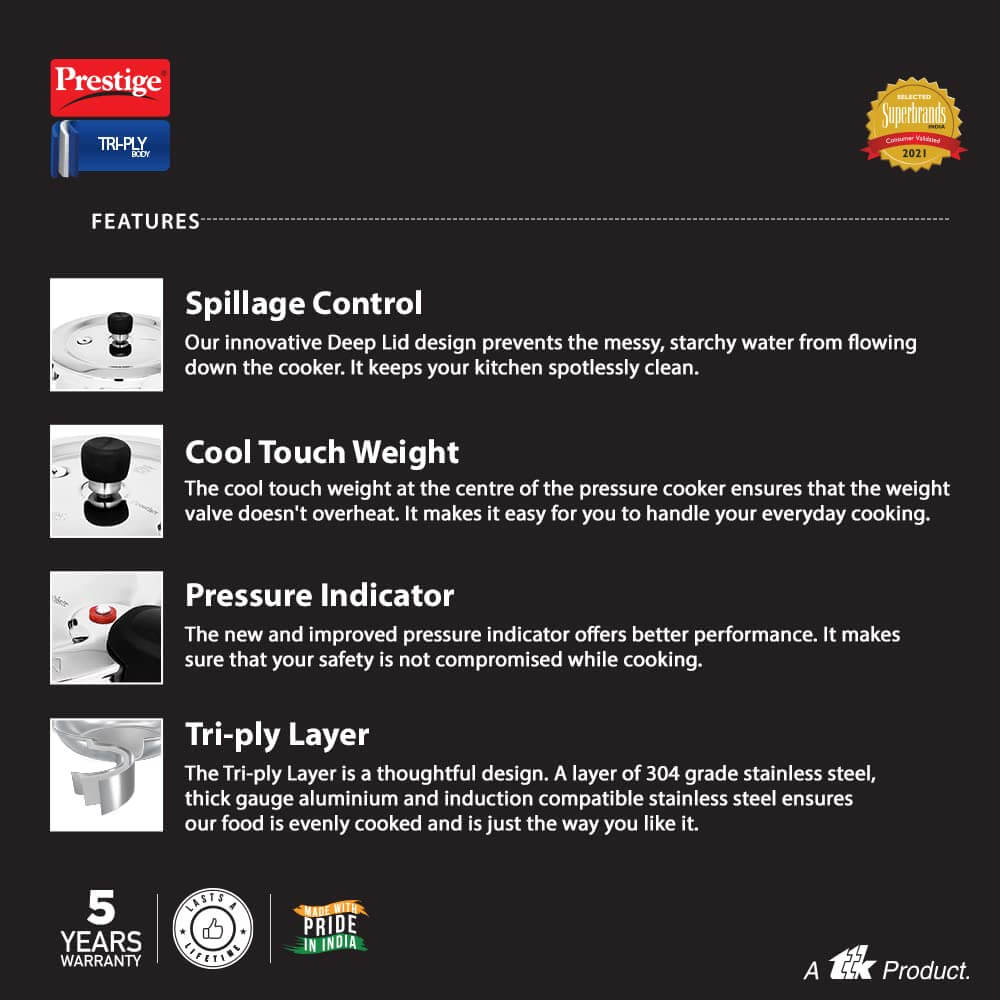 Prestige Svachh Triply Induction Base Outer Lid Pressure Cooker - Deep Lid, Spillage Control, 5-Year Warranty