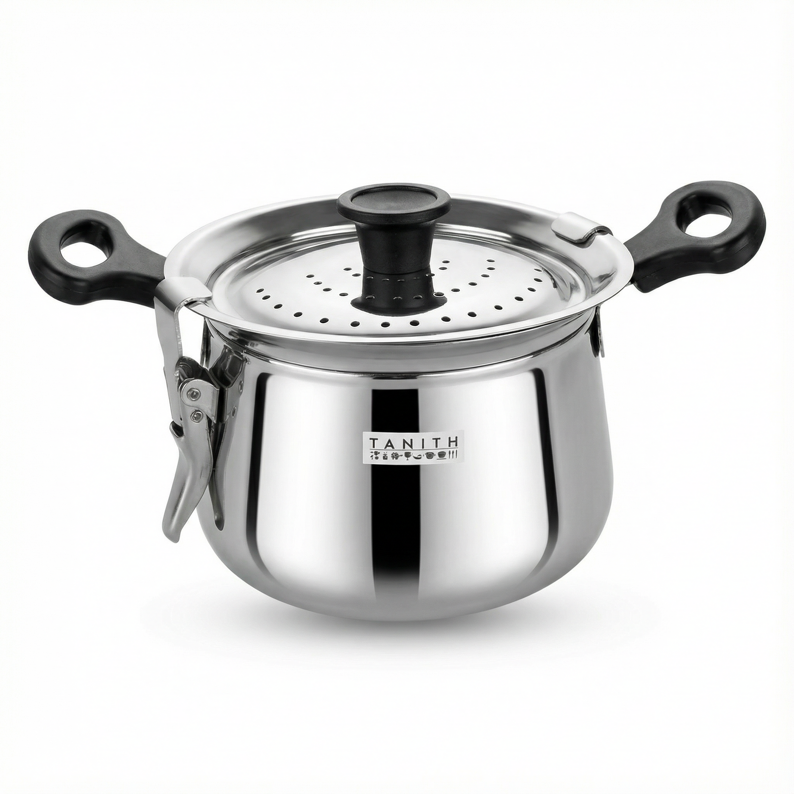 Tanith stainless steel rice maker handi with perforated lid and heat-resistant handles
