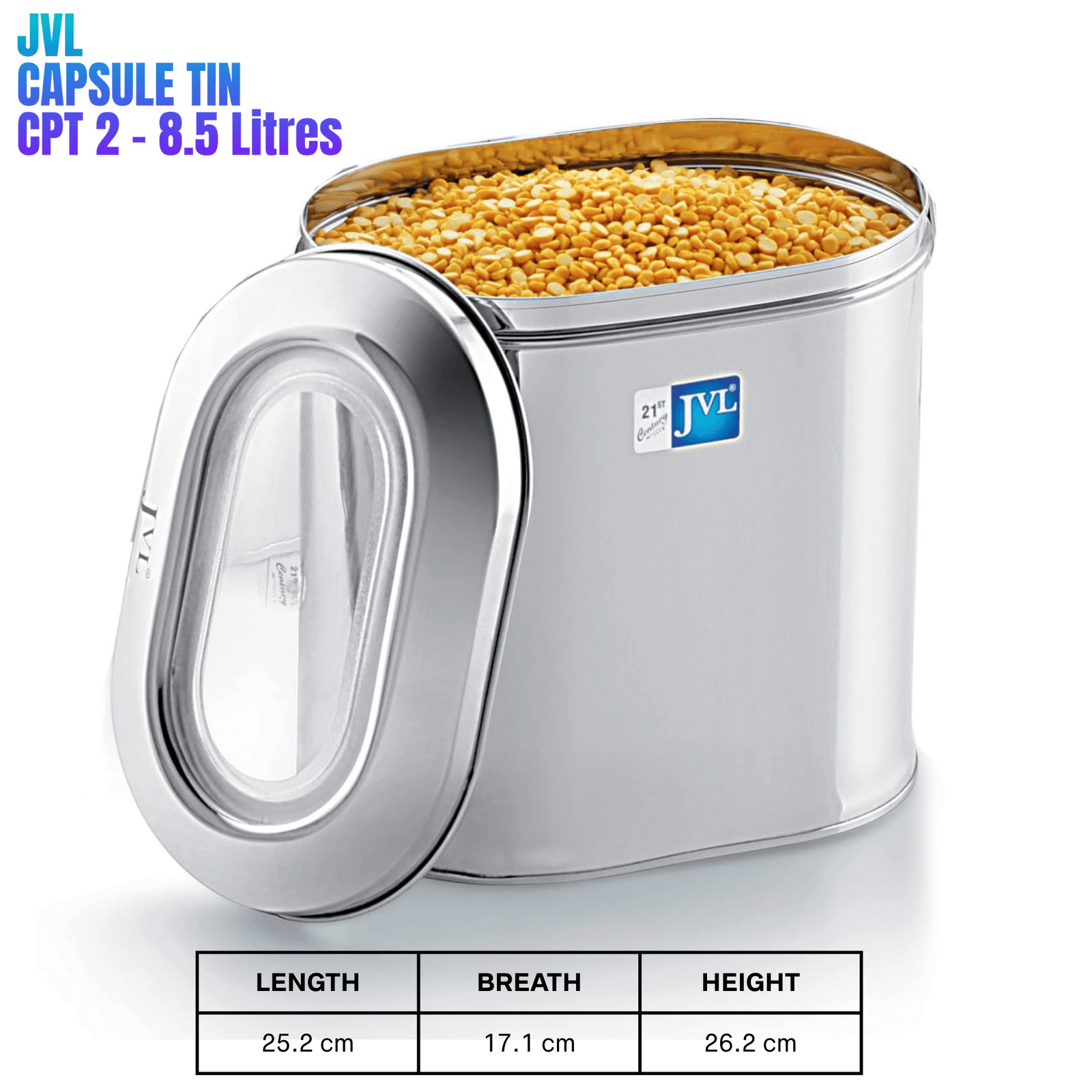JVL Stainless Steel Capsule Tin with see-through lid, 8.5 liters capacity, perfect for food storage and organization.