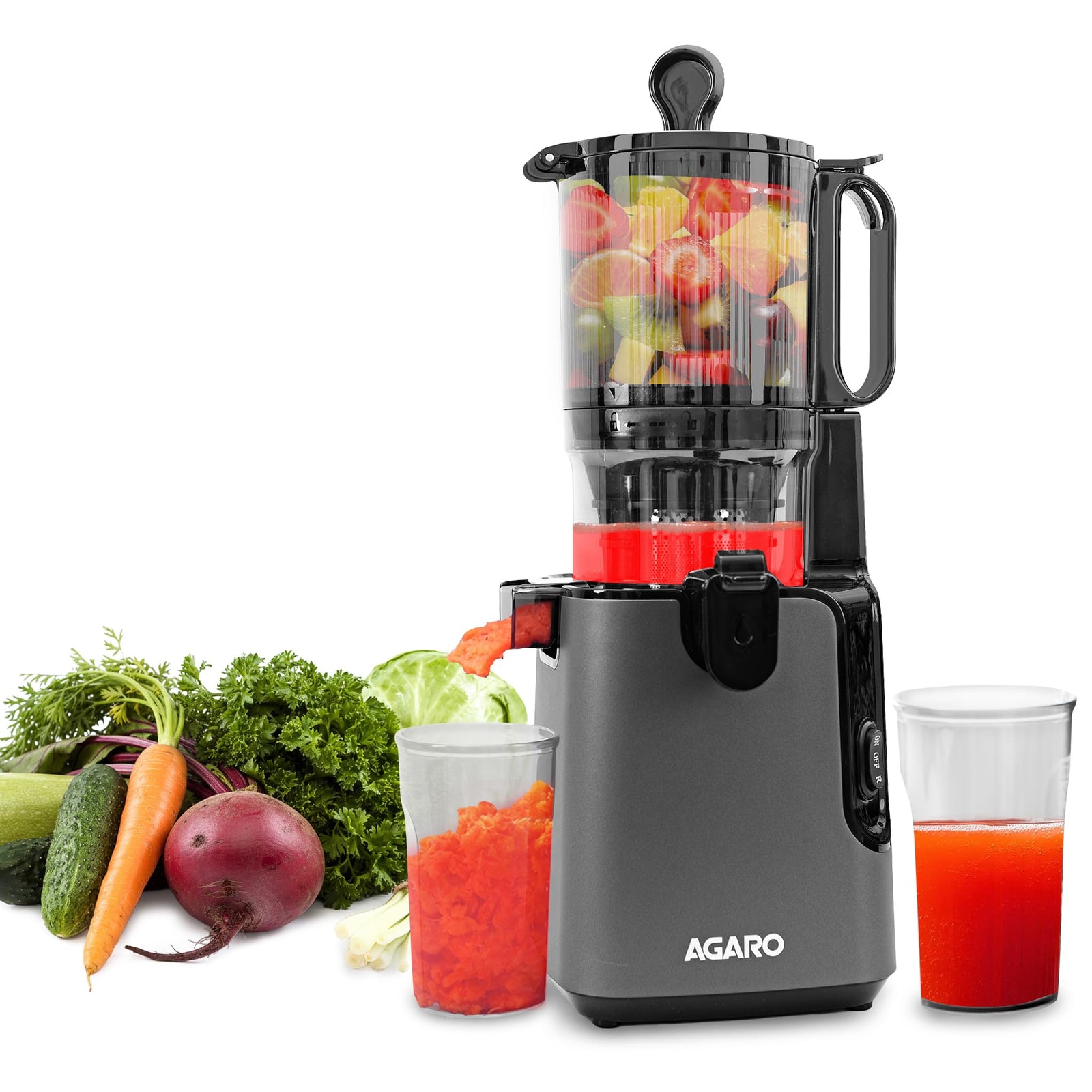 AGARO Regal Cold Press Slow Juicer 250W with fresh fruits vegetables and glass of juice